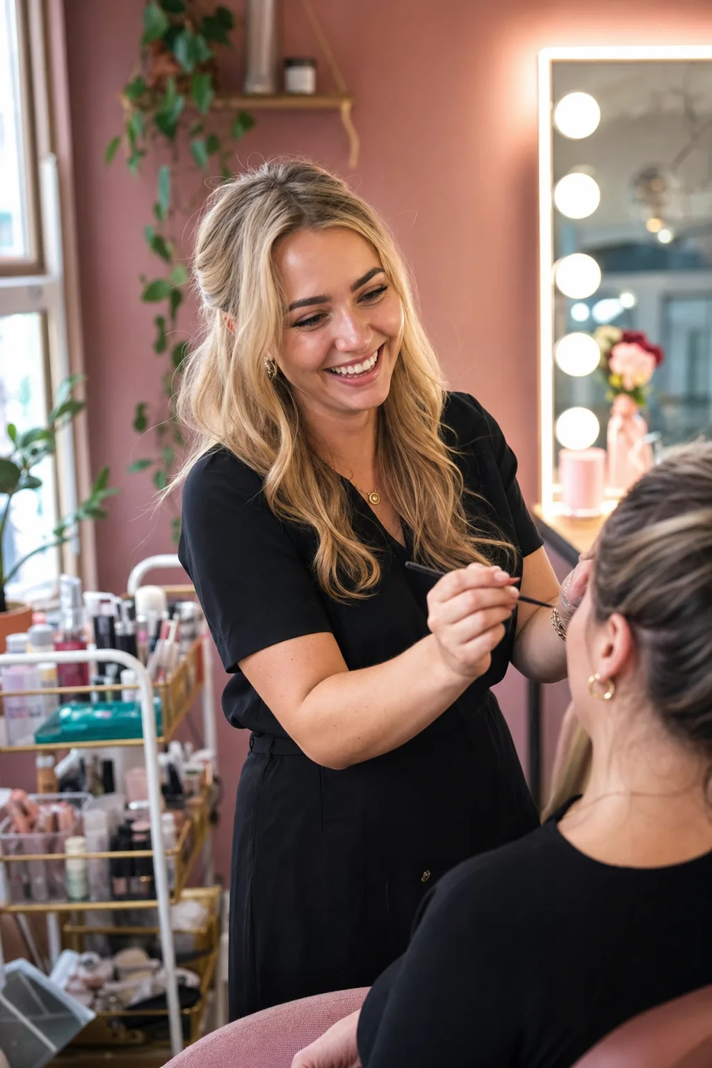 Independent beauty professional with a client