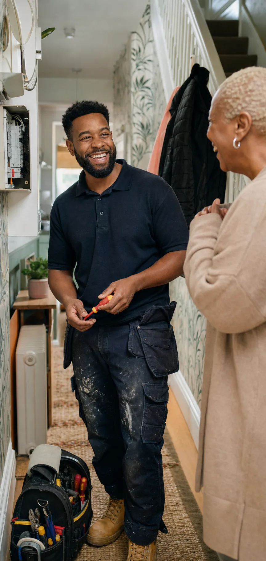 Independent electrician speaking with a customer