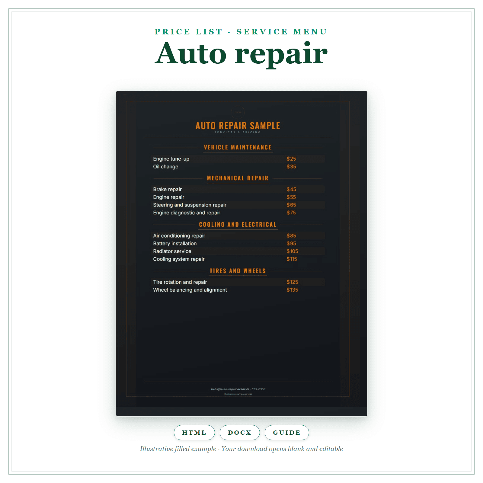 Price List & Service Menu for Auto Repair