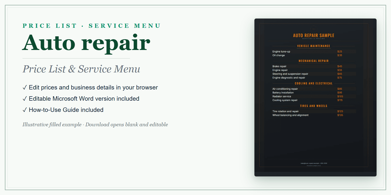 Auto Repair Price List & Service Menu product preview