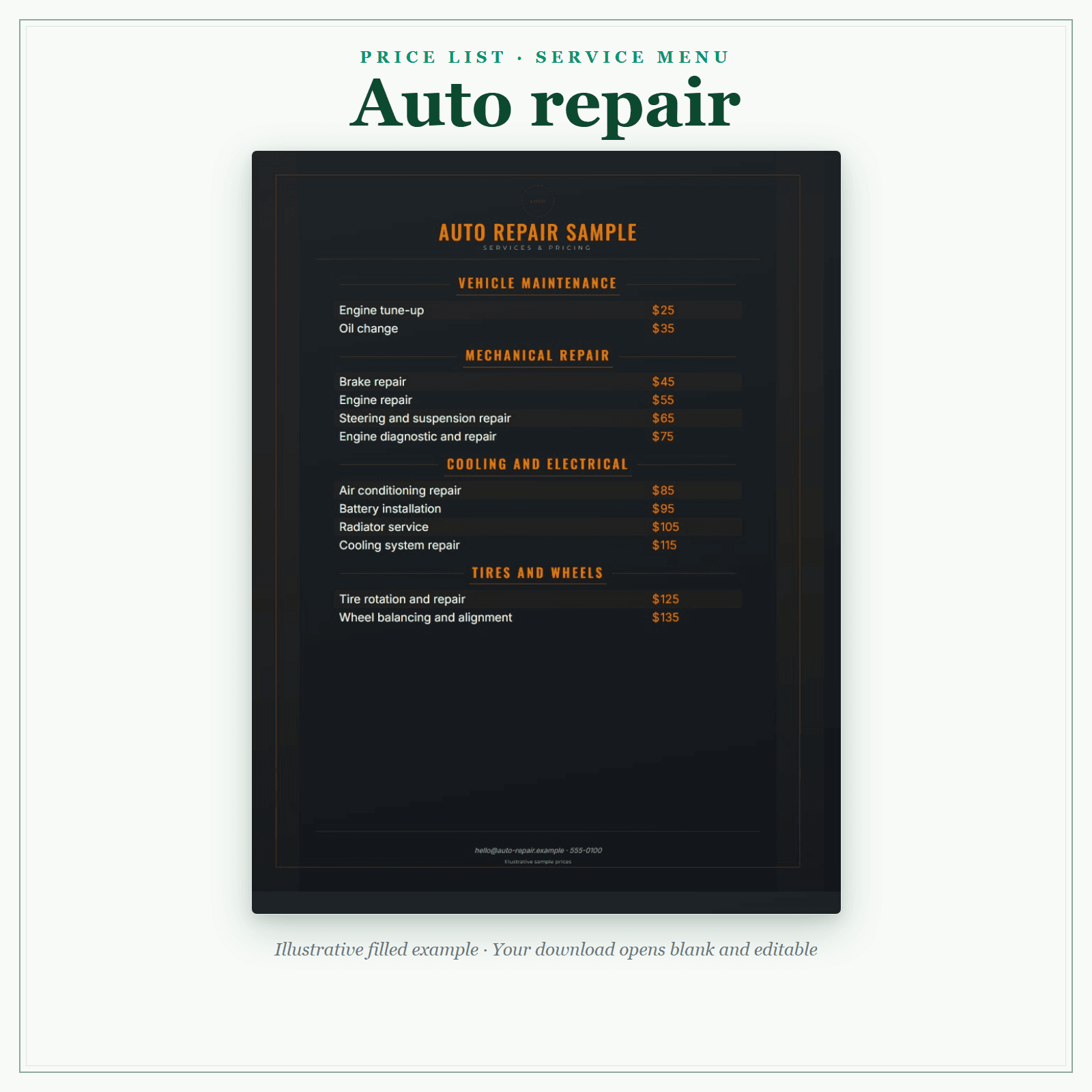 Auto Repair Price List & Service Menu sample pages