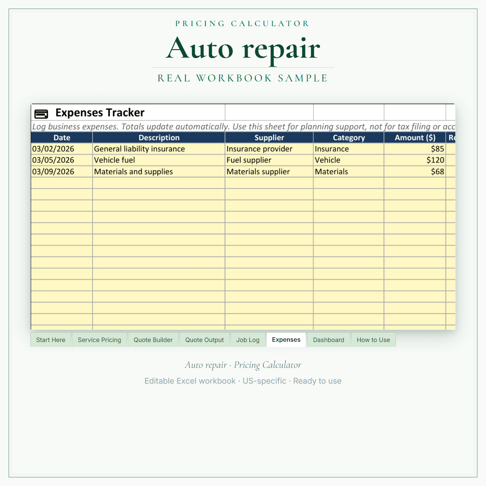 Auto Repair Pricing Calculator sample pages