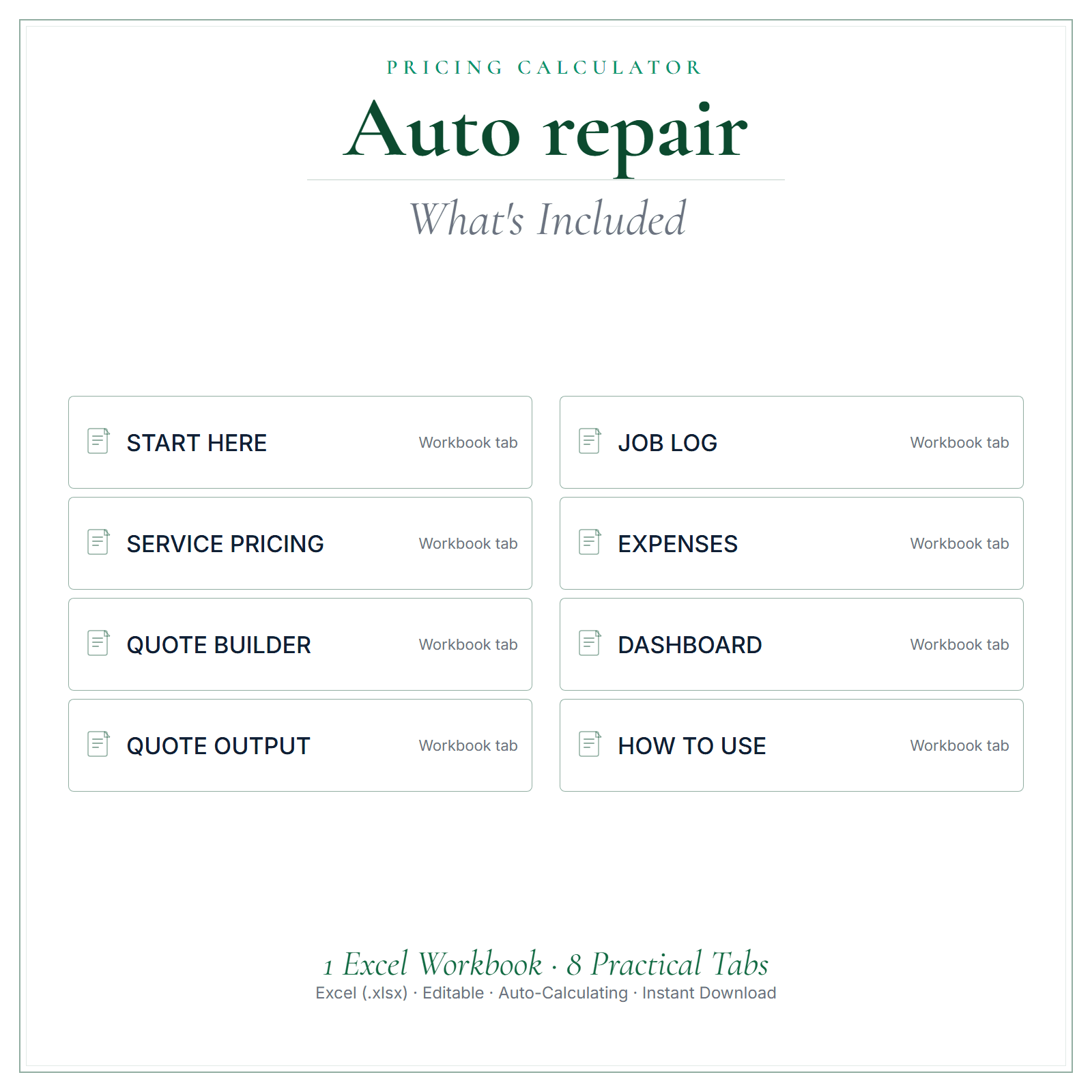What's included in Auto Repair Pricing Calculator