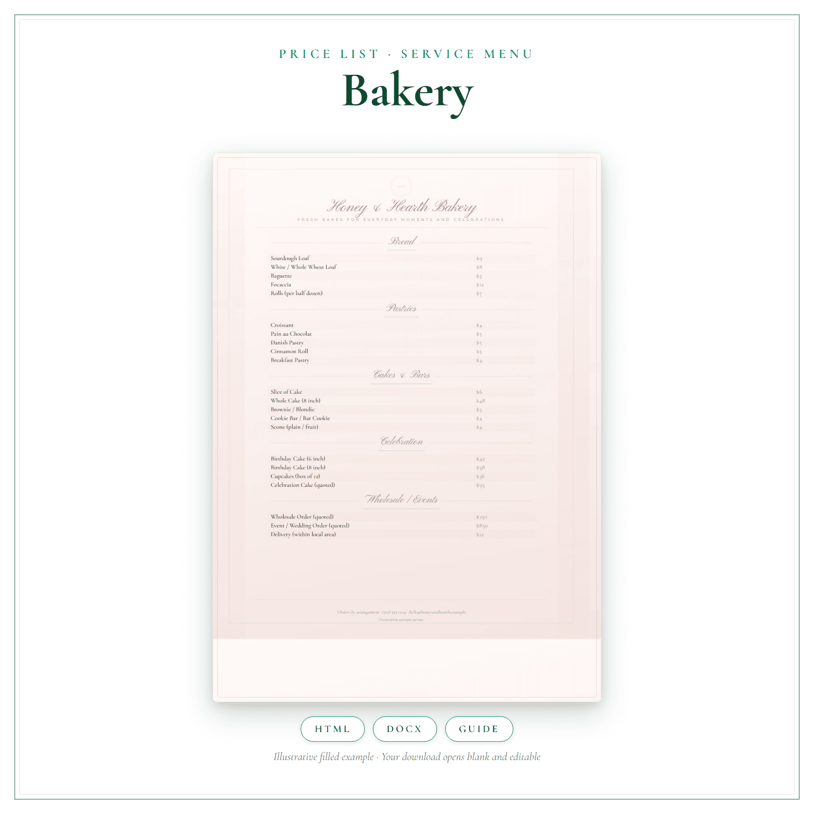 Bakery Price List & Service Menu
