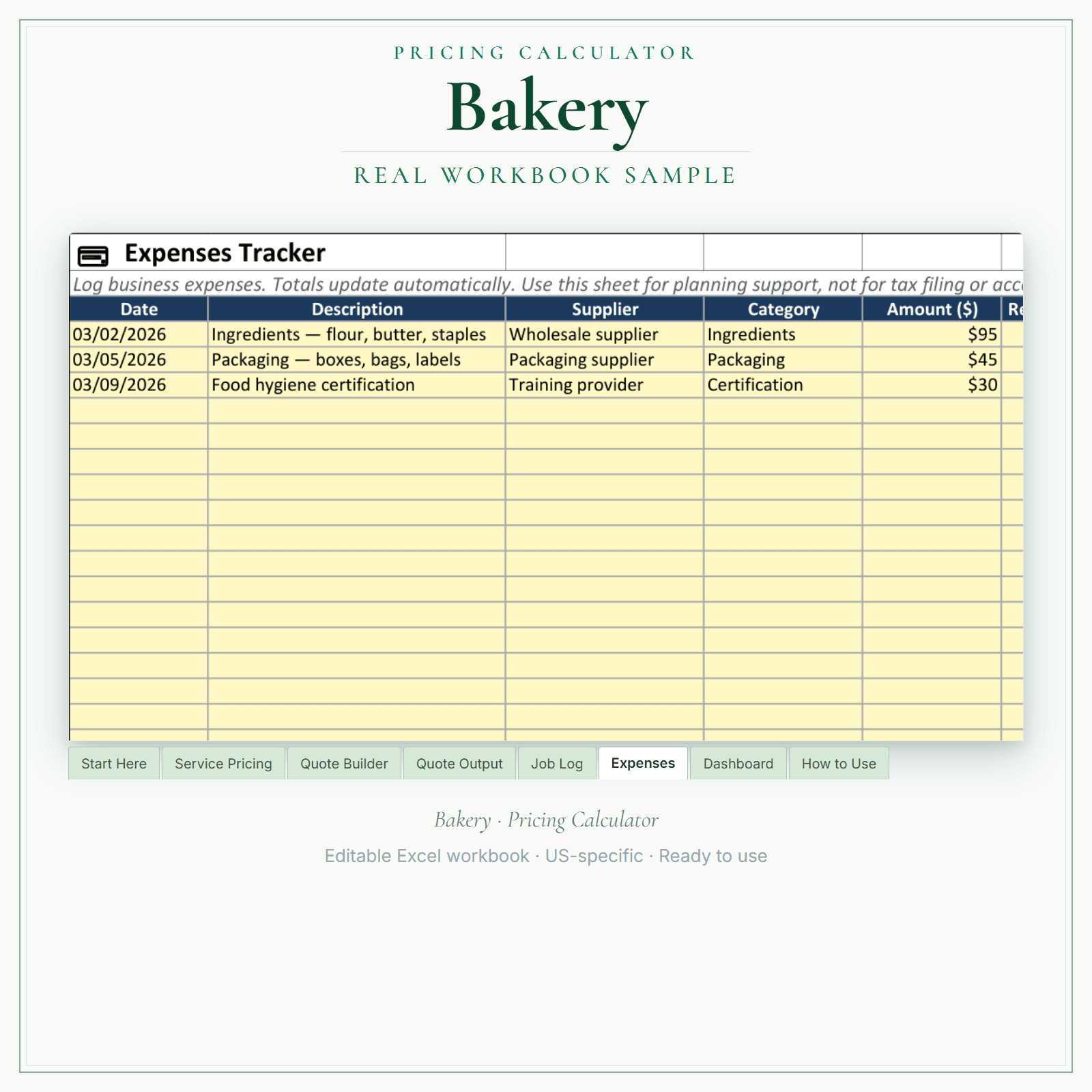 Bakery Pricing Calculator sample pages