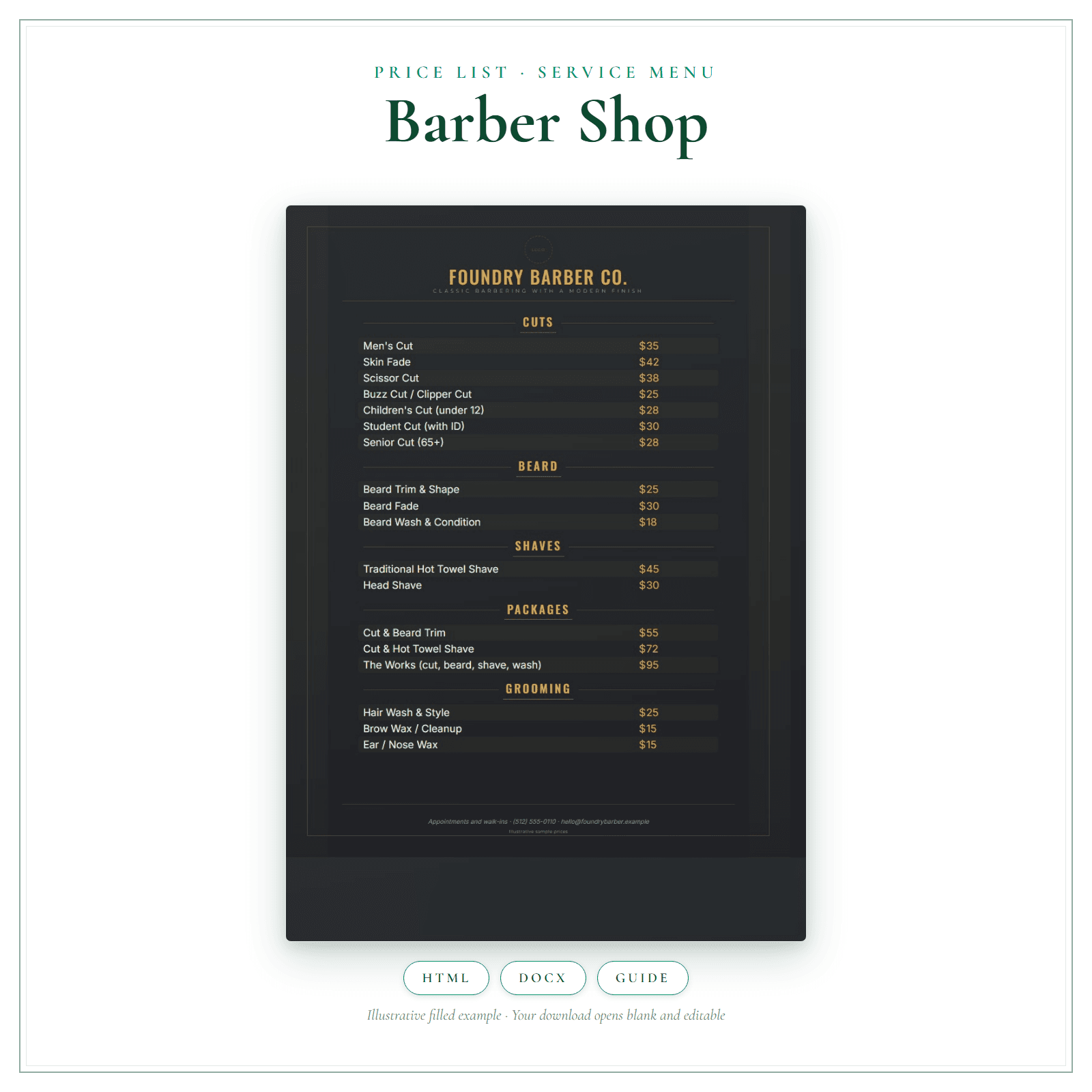 Barber Shop Price List & Service Menu