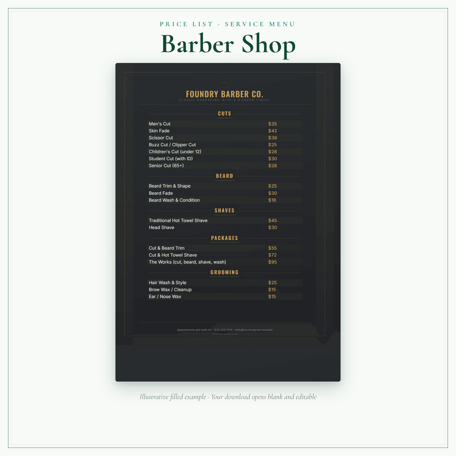 Barber Shop Price List & Service Menu sample pages