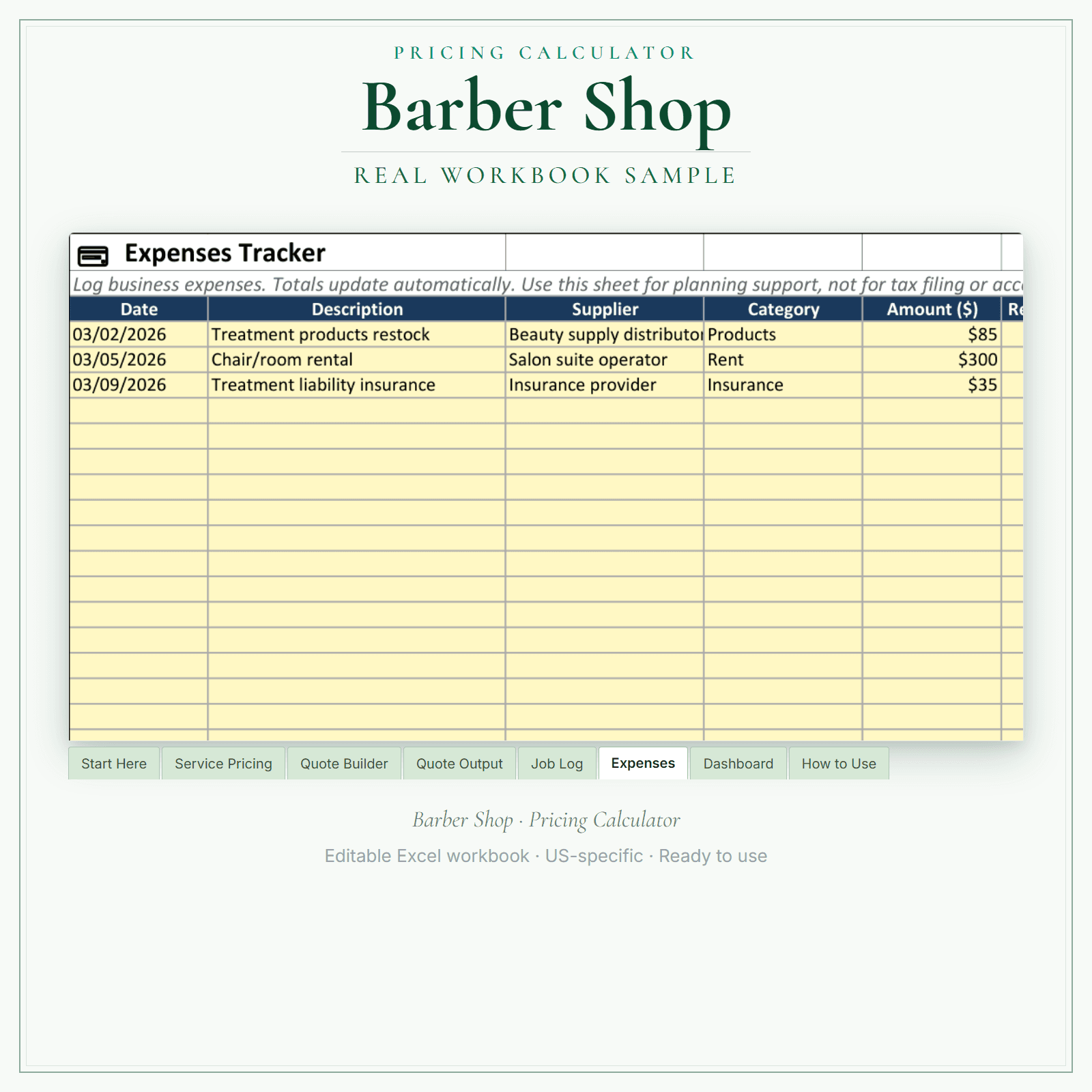 Barber Shop Pricing Calculator sample pages
