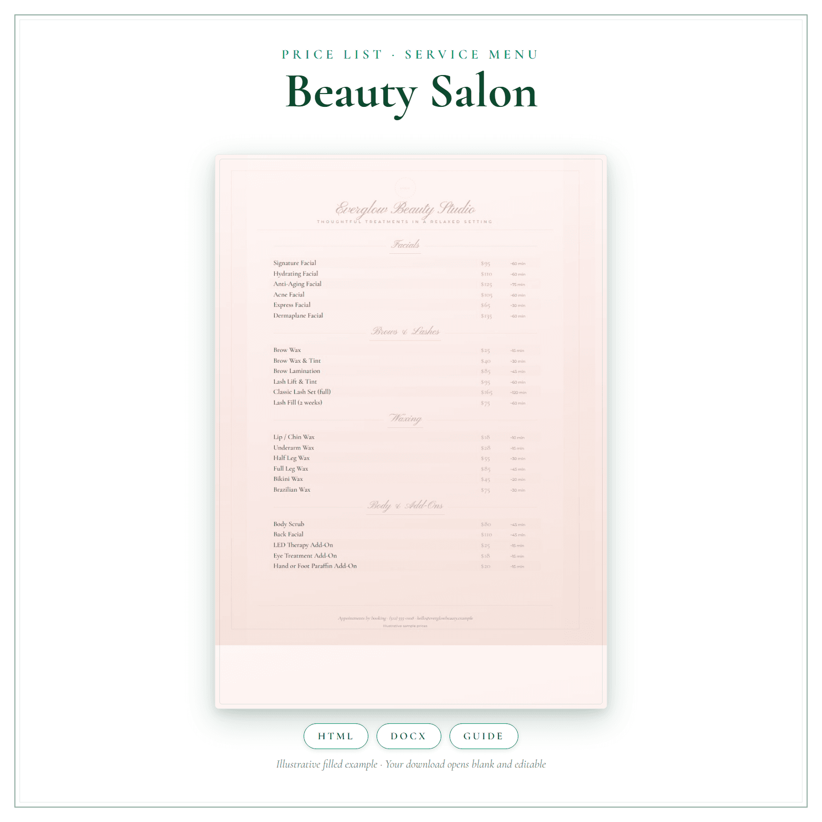 Beauty Salon Price List & Service Menu