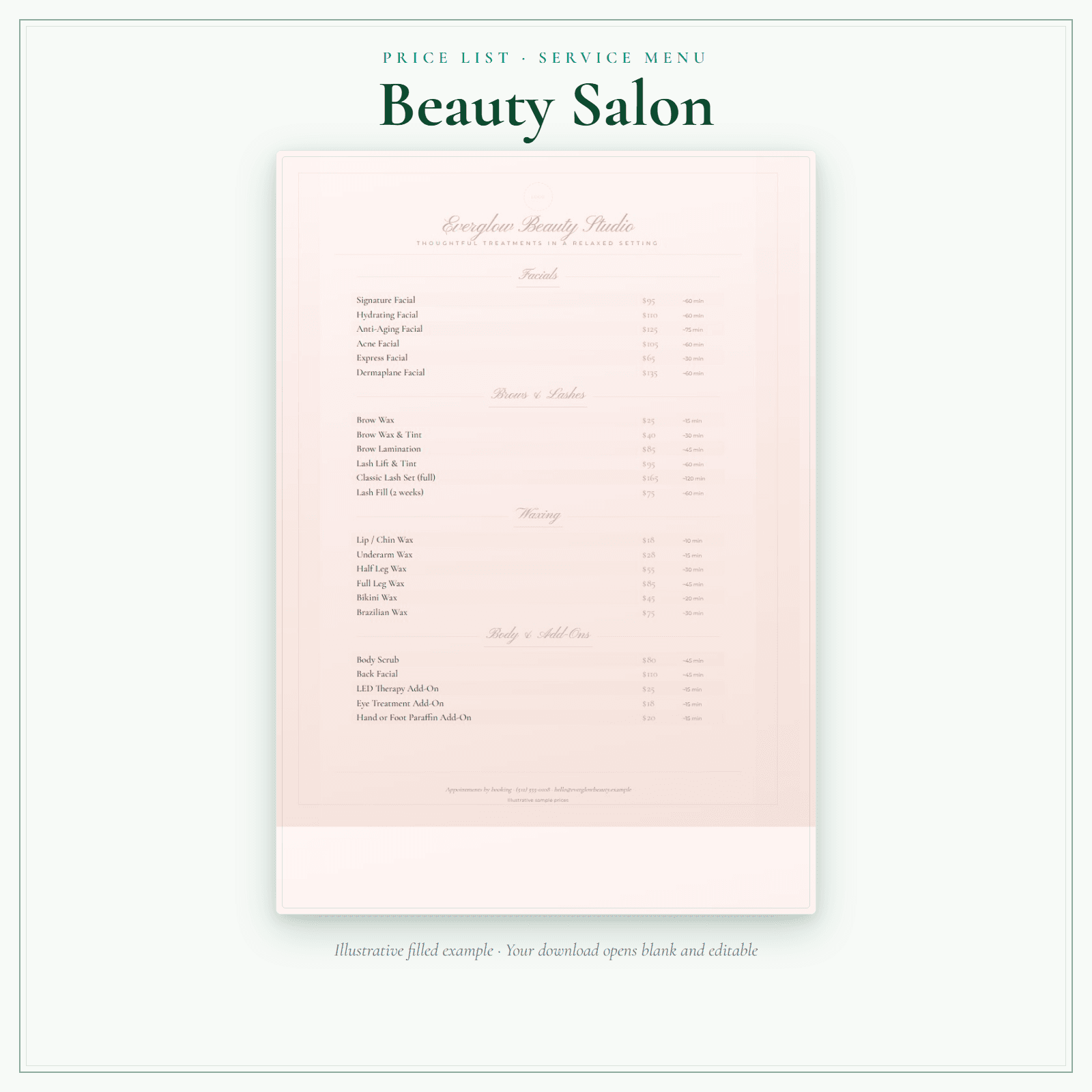 Beauty Salon Price List & Service Menu sample pages