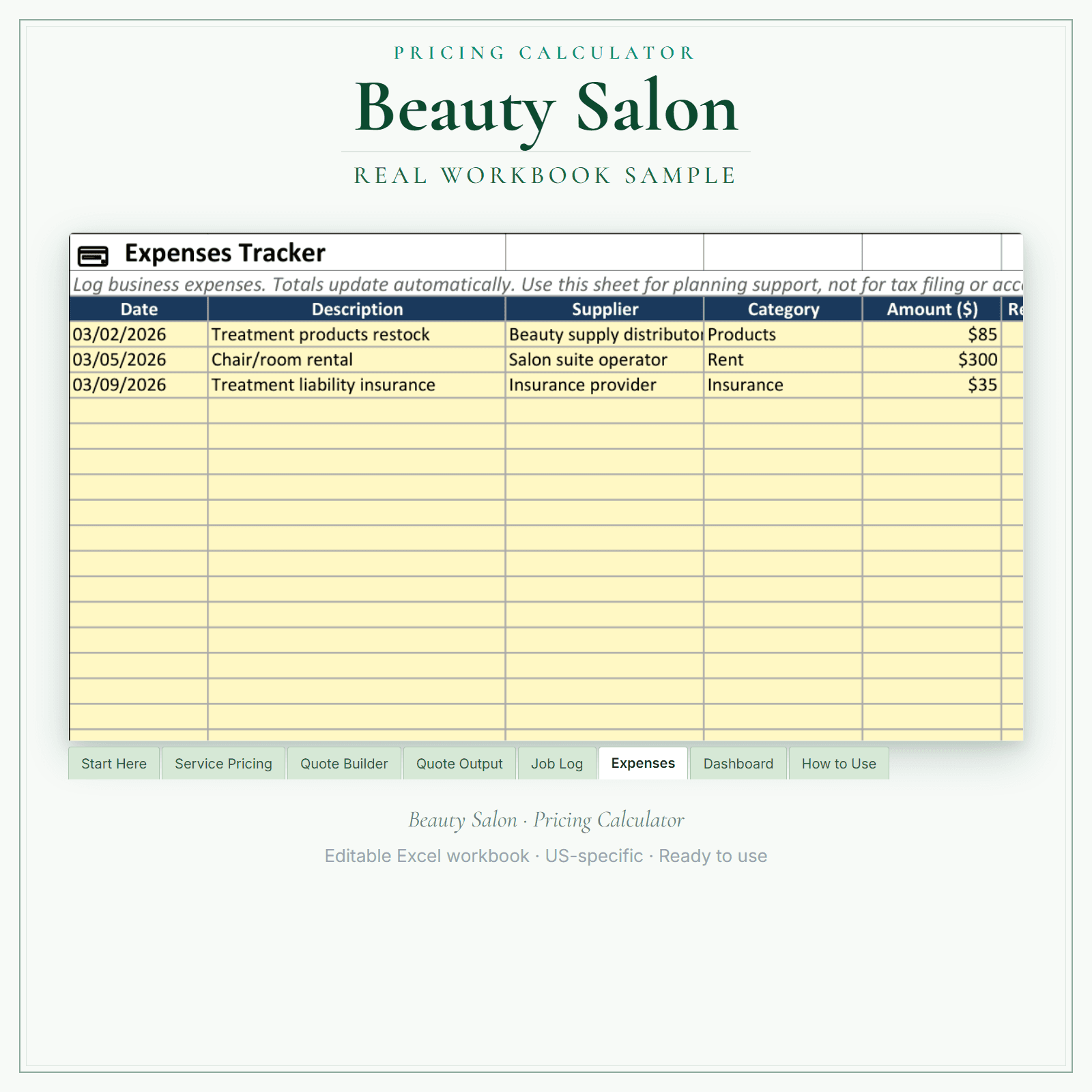 Beauty Salon Pricing Calculator sample pages