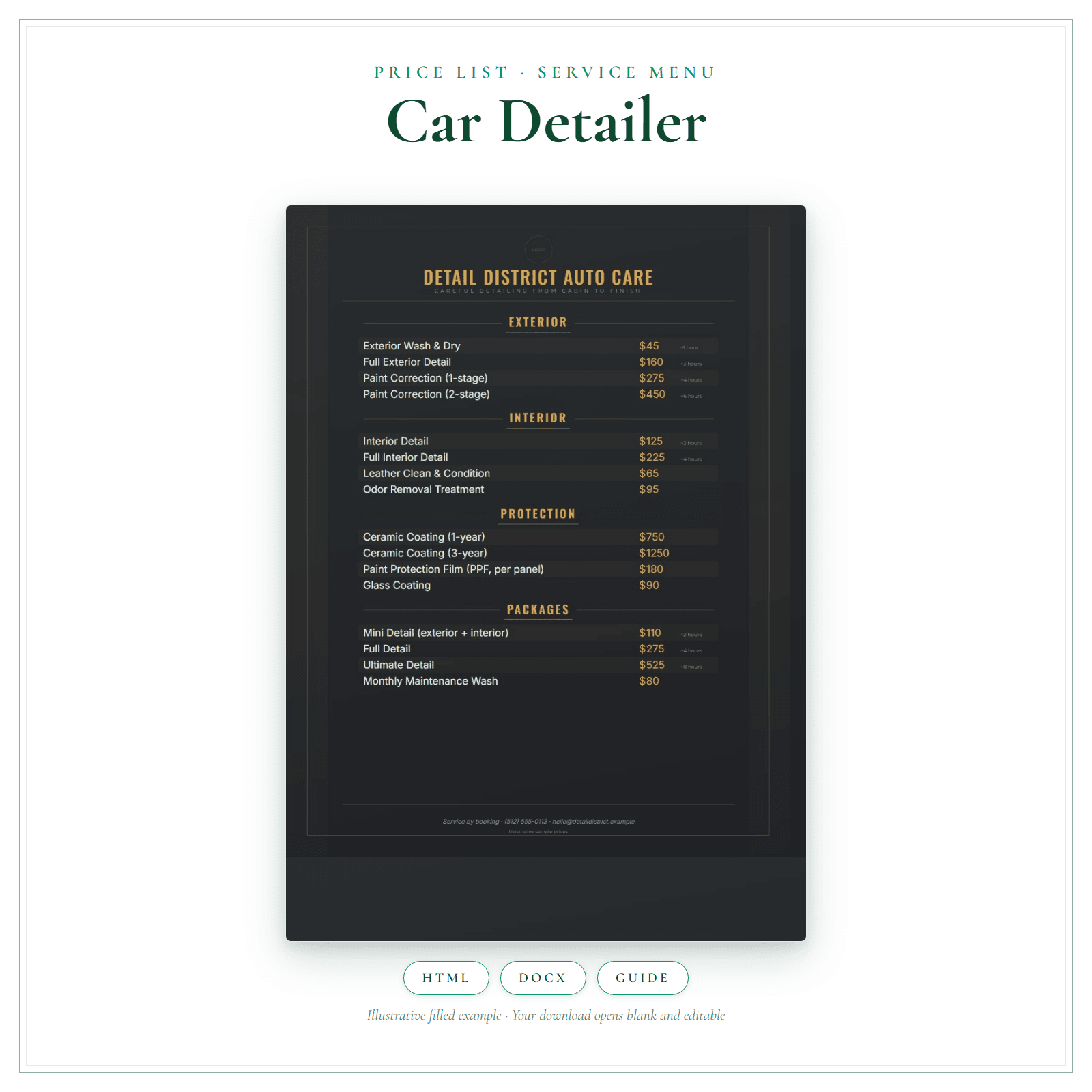 Price List & Service Menu for Car Detailer
