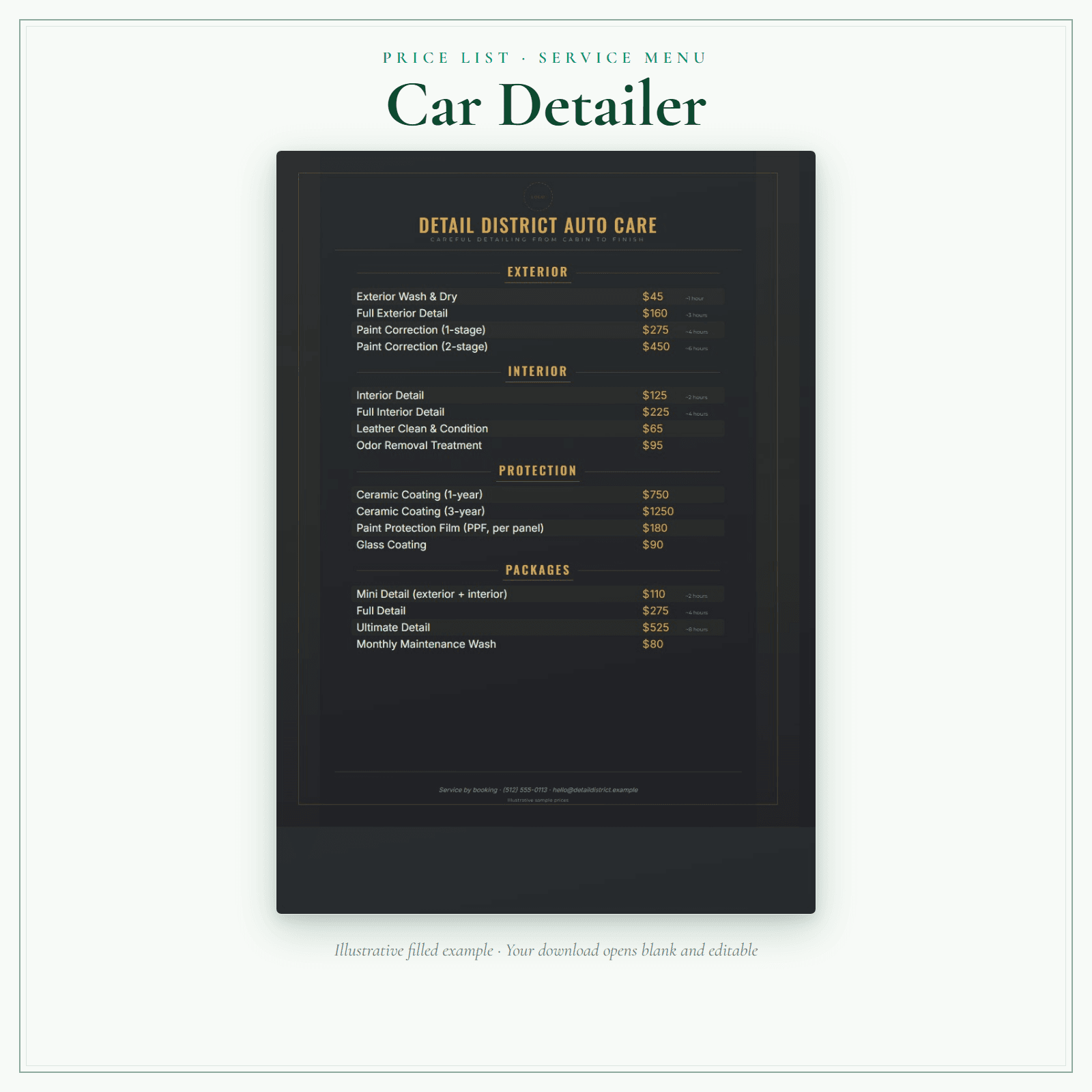 Car Detailer Price List & Service Menu sample pages