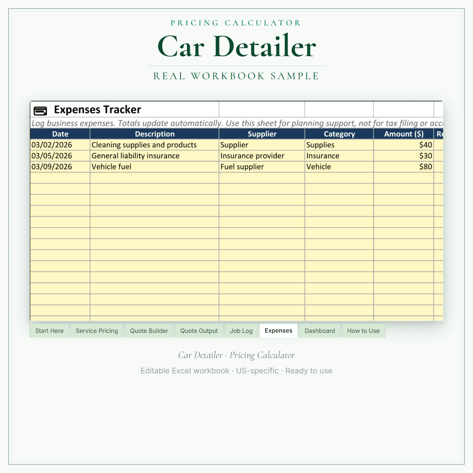 Car Detailer Pricing Calculator sample pages