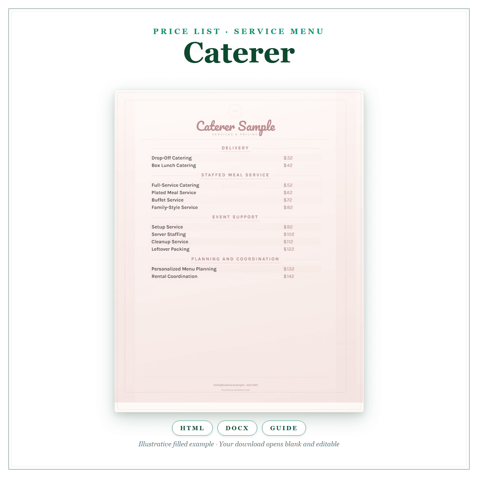 Price List & Service Menu for Caterer
