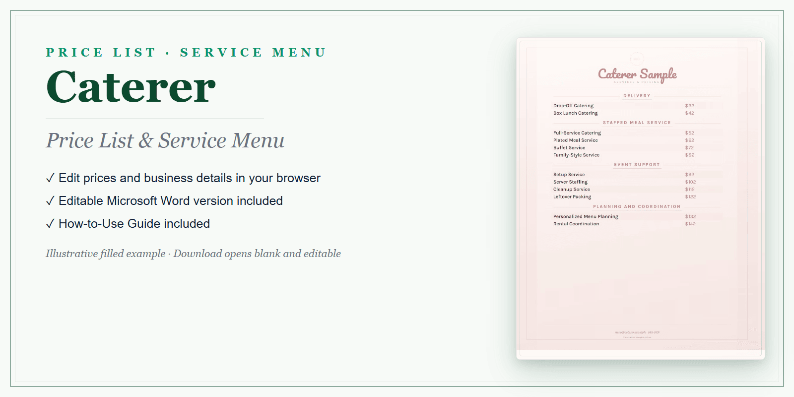 Caterer Price List & Service Menu product preview