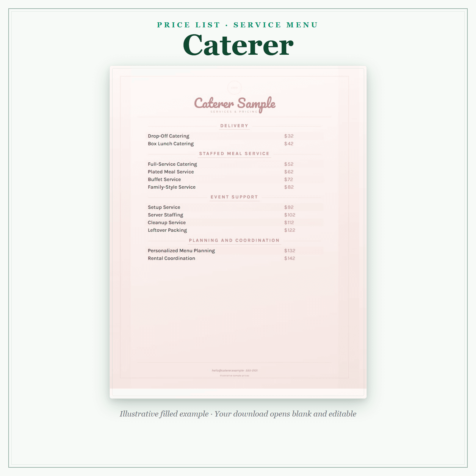 Caterer Price List & Service Menu sample pages