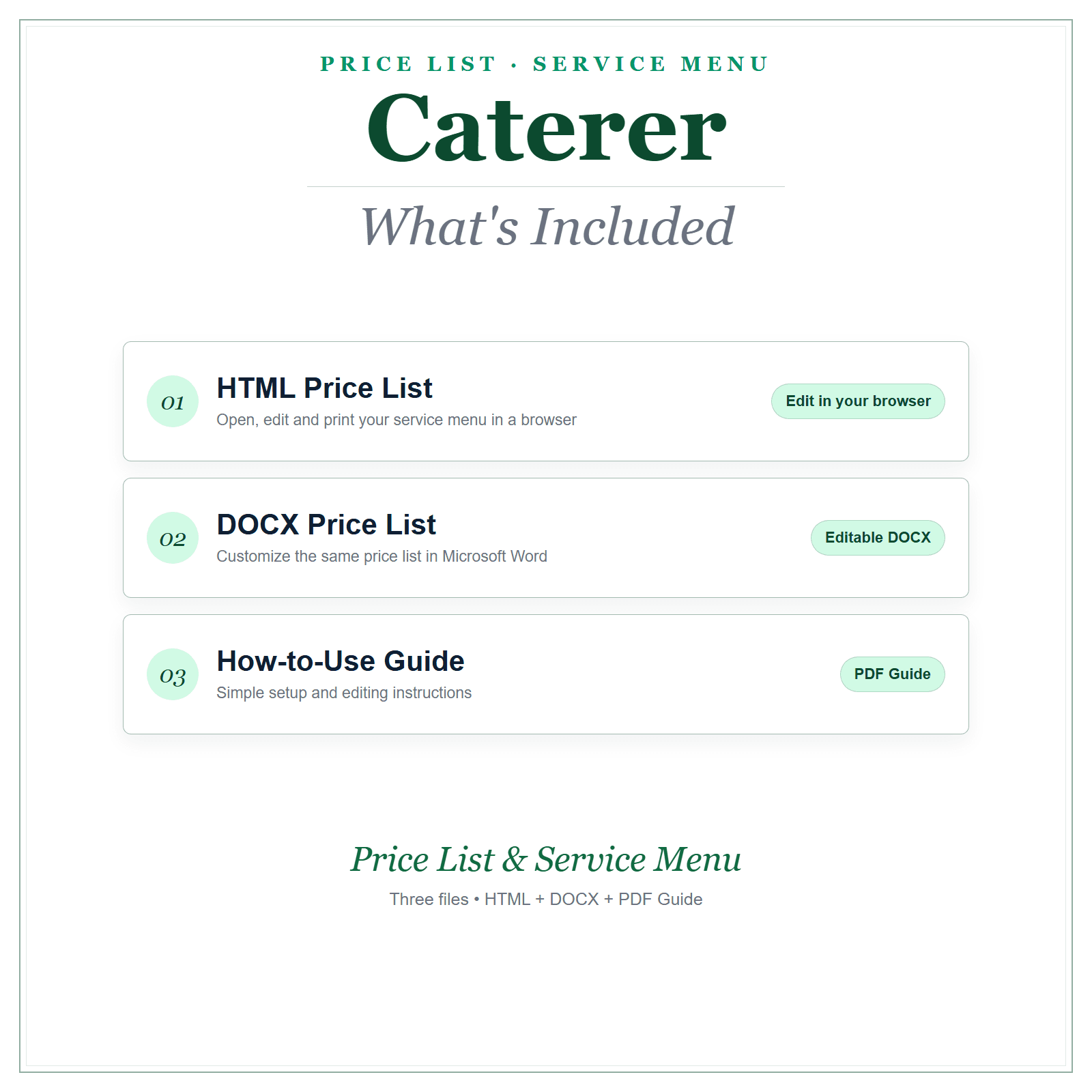 What's included in Caterer Price List & Service Menu