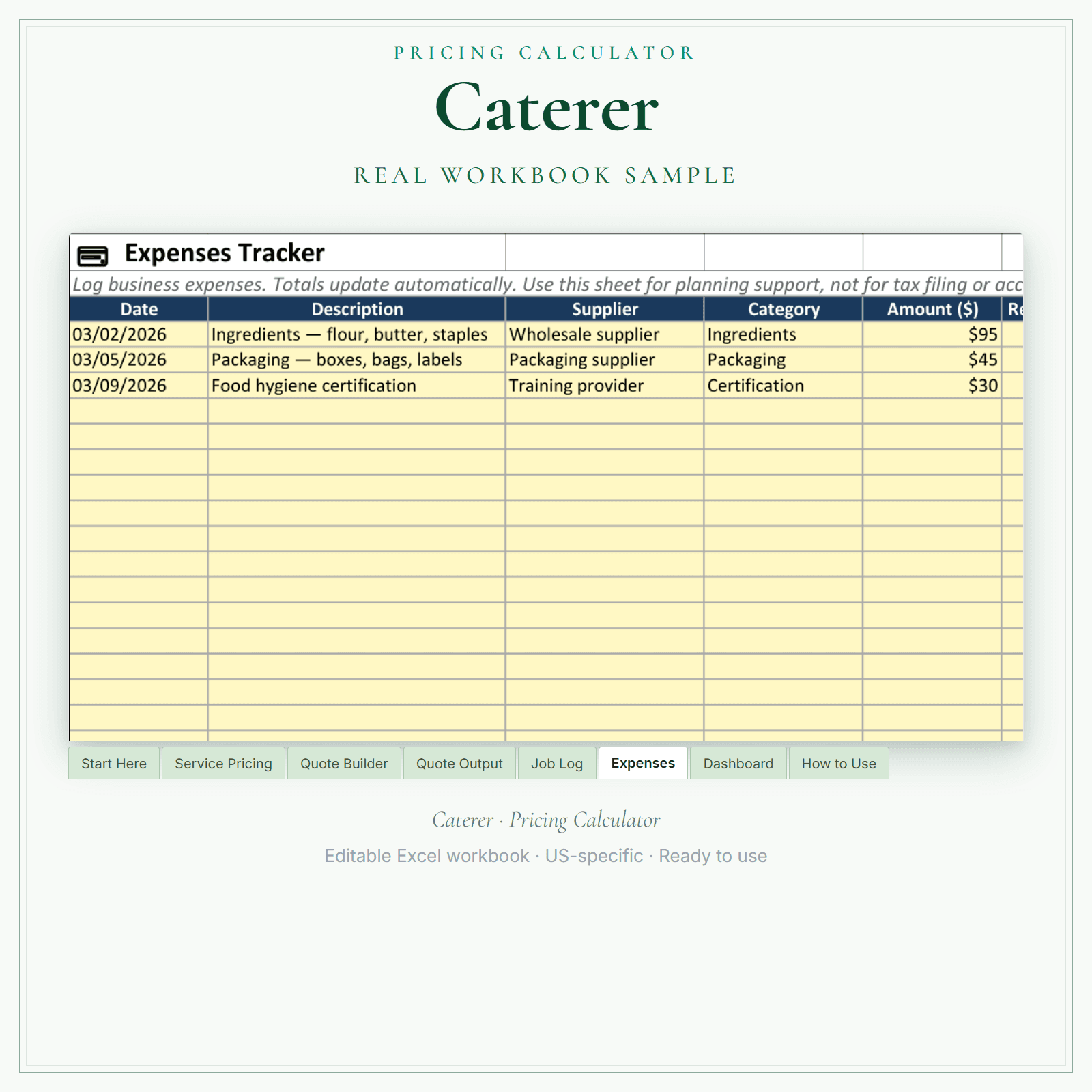 Caterer Pricing Calculator sample pages