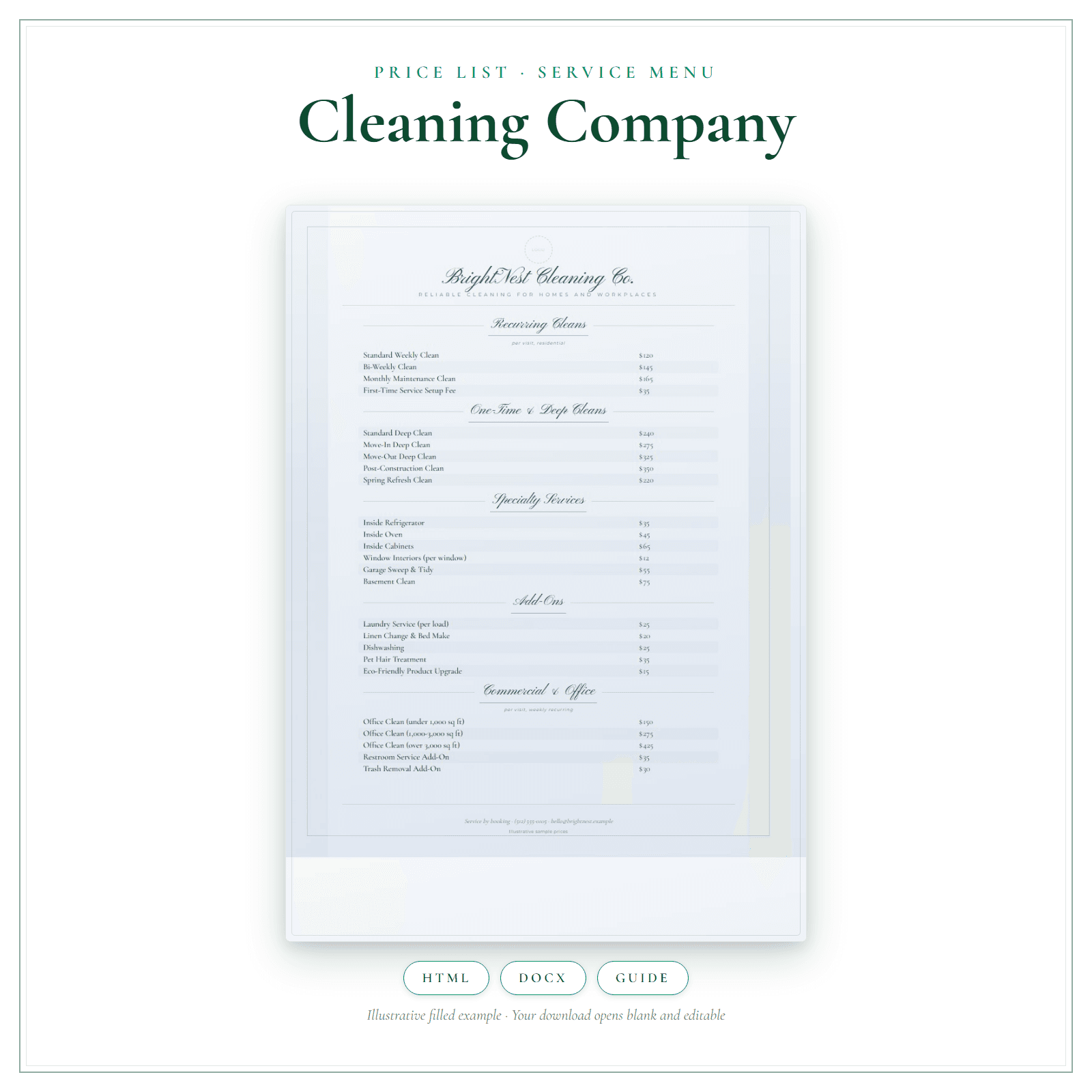 Cleaning Company Price List & Service Menu