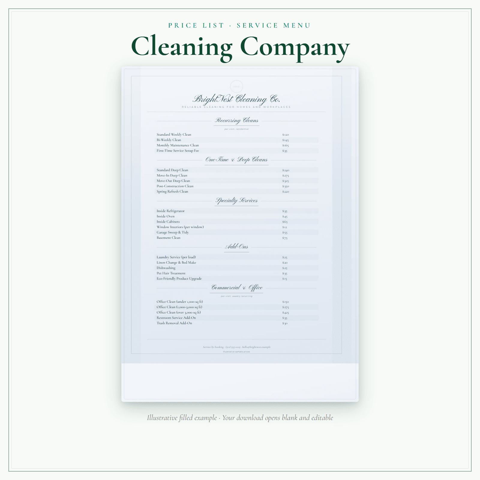 Cleaning Company Price List & Service Menu sample pages