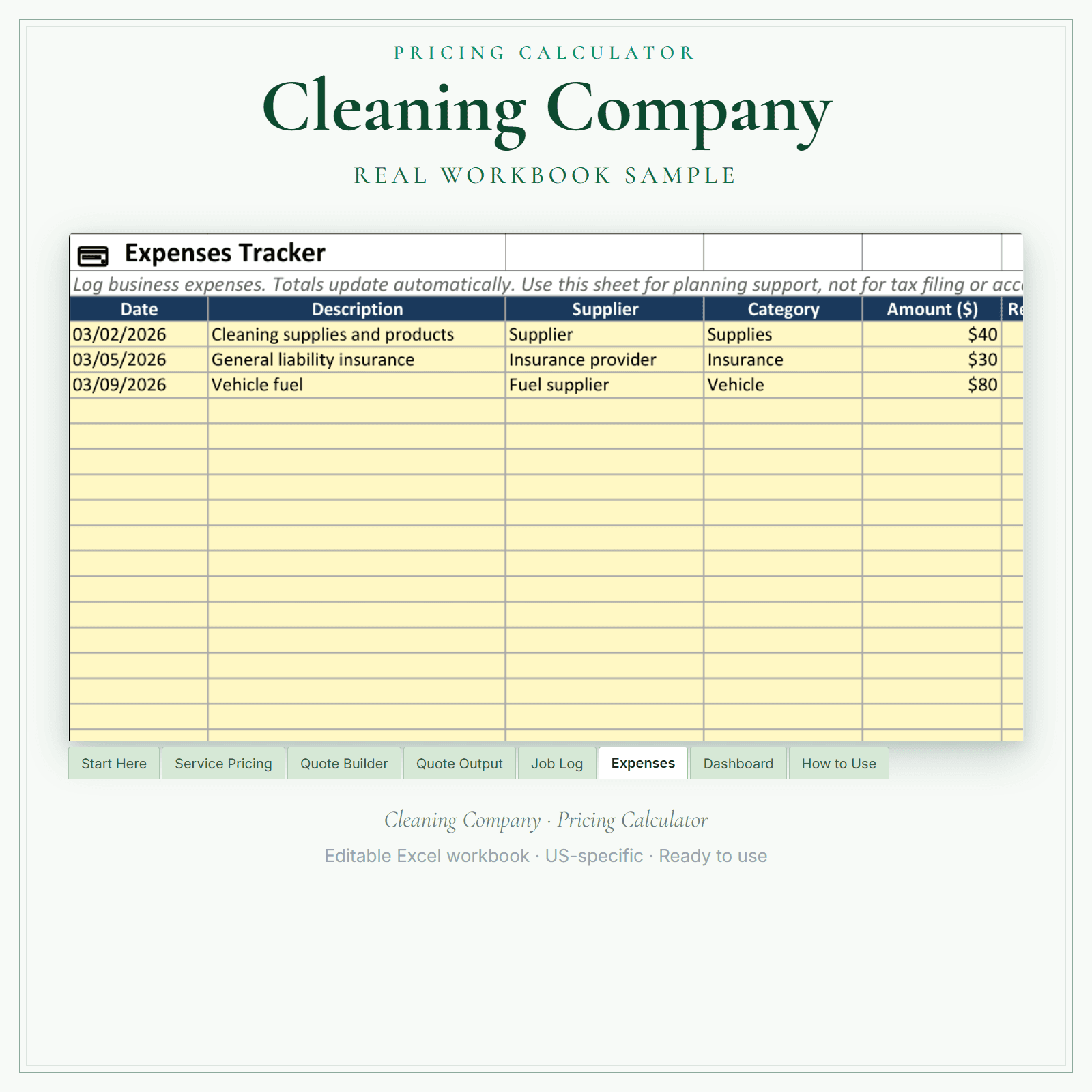 Cleaning Company Pricing Calculator sample pages