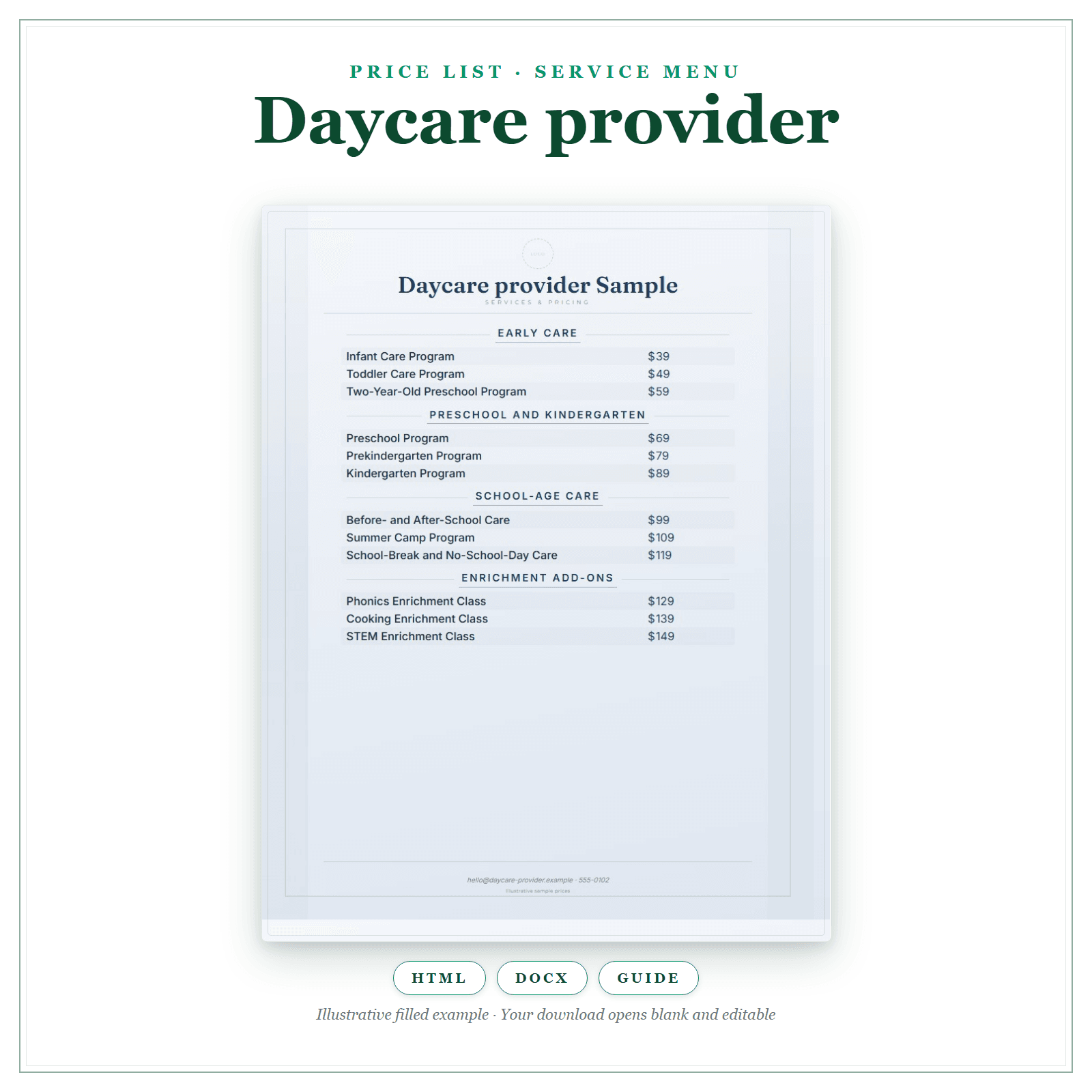 Price List & Service Menu for Daycare Provider