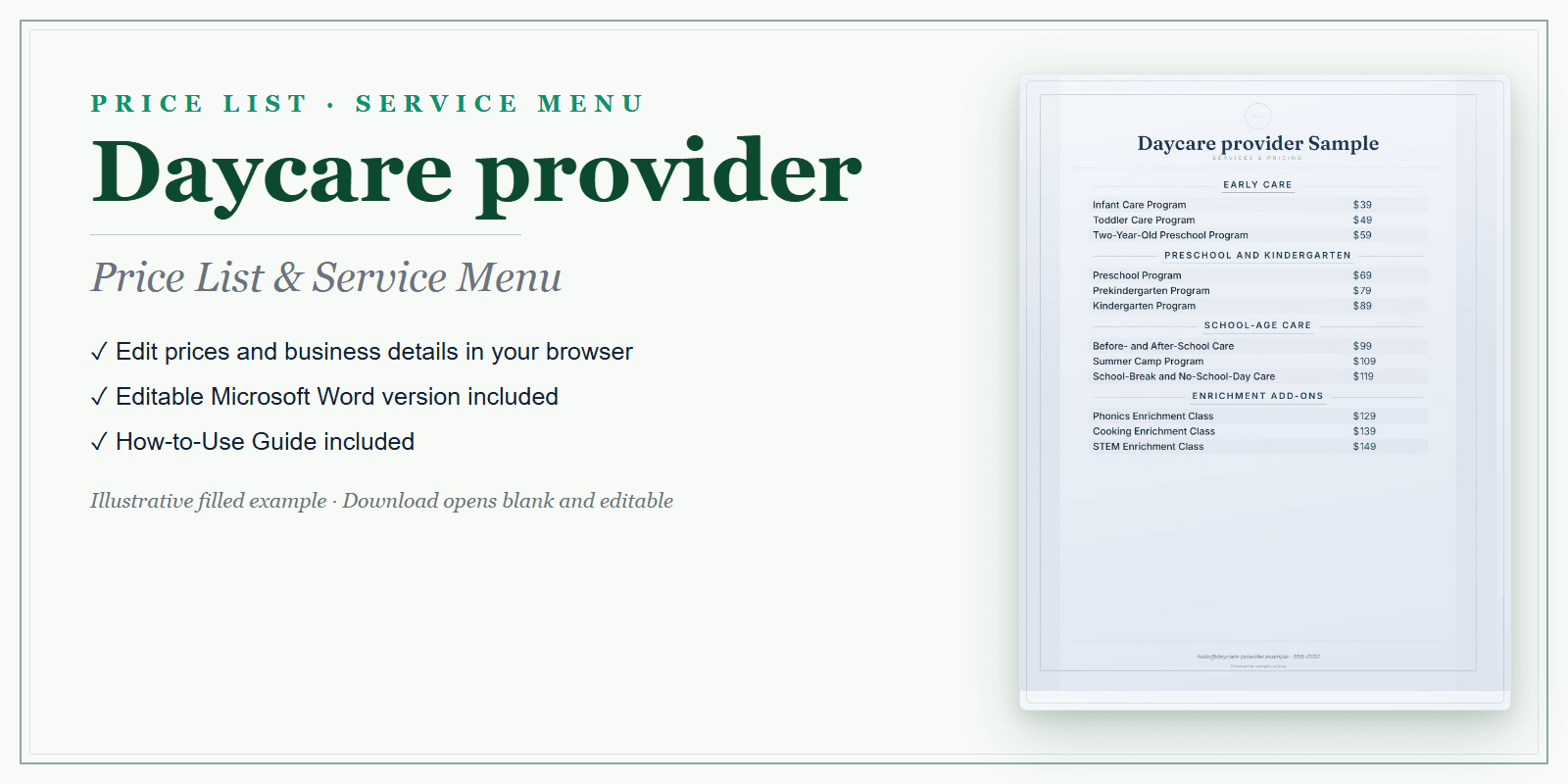 Daycare Provider Price List & Service Menu product preview