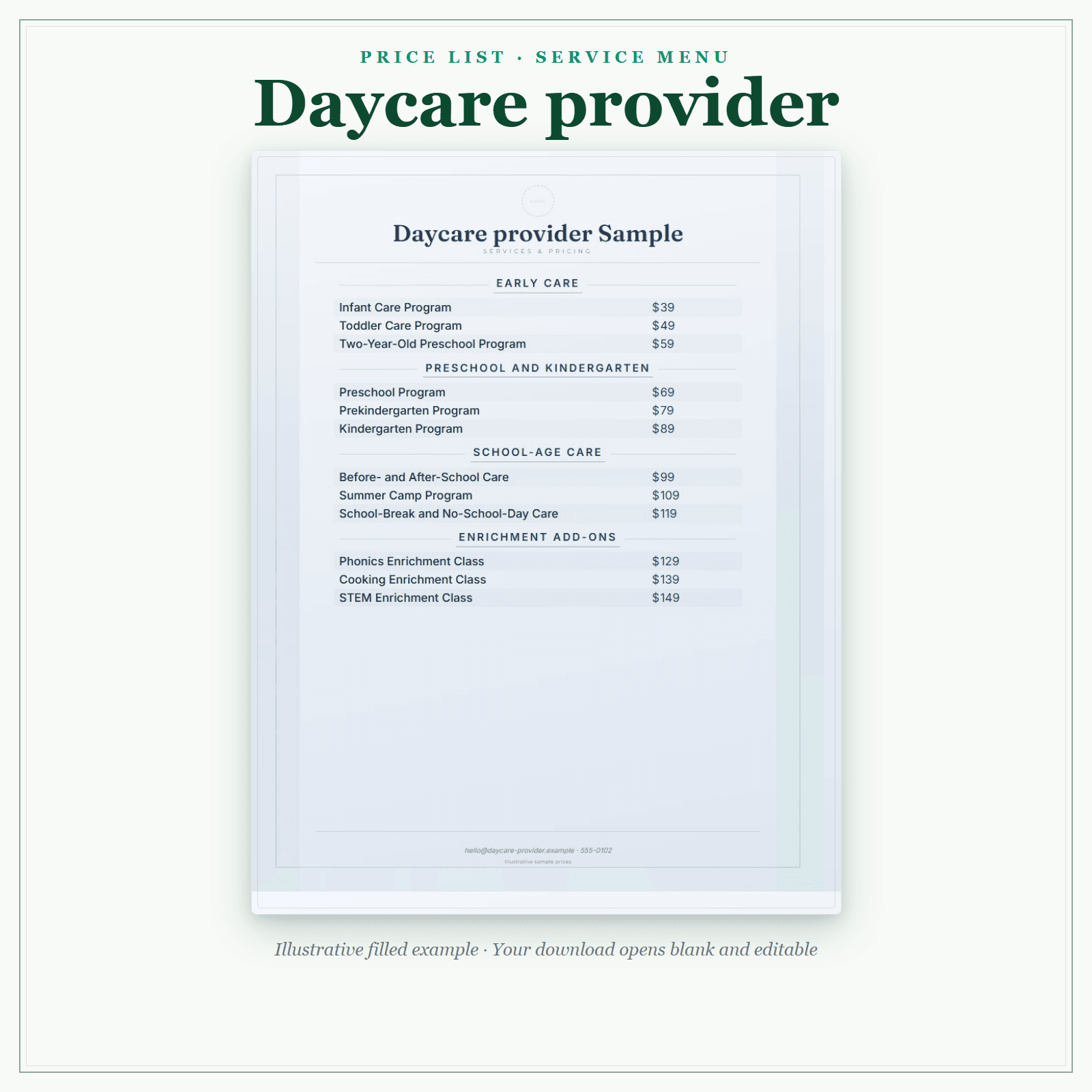 Daycare Provider Price List & Service Menu sample pages