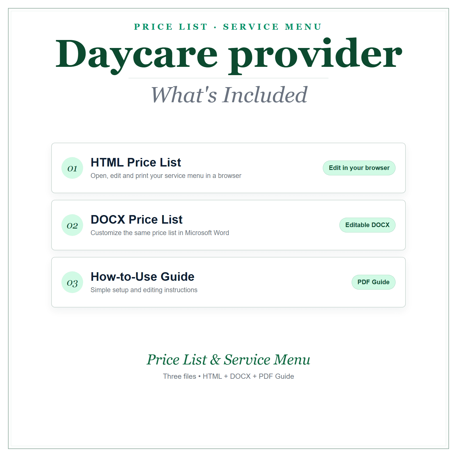 What's included in Daycare Provider Price List & Service Menu