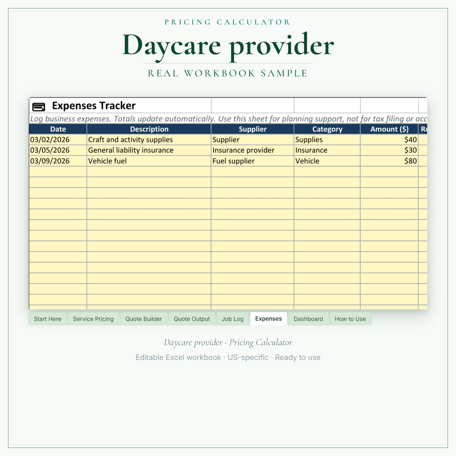 Daycare Provider Pricing Calculator sample pages