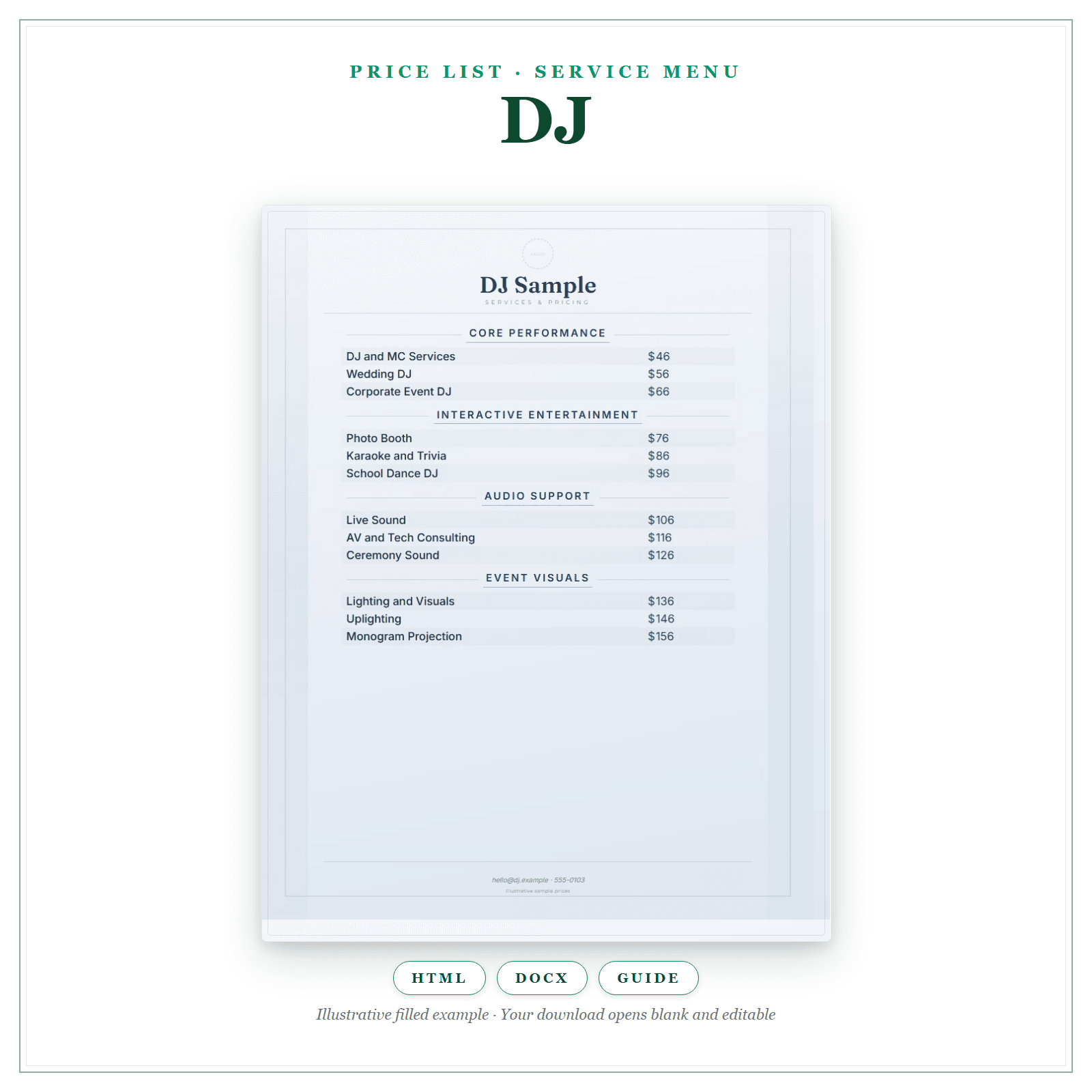 Price List & Service Menu for DJ