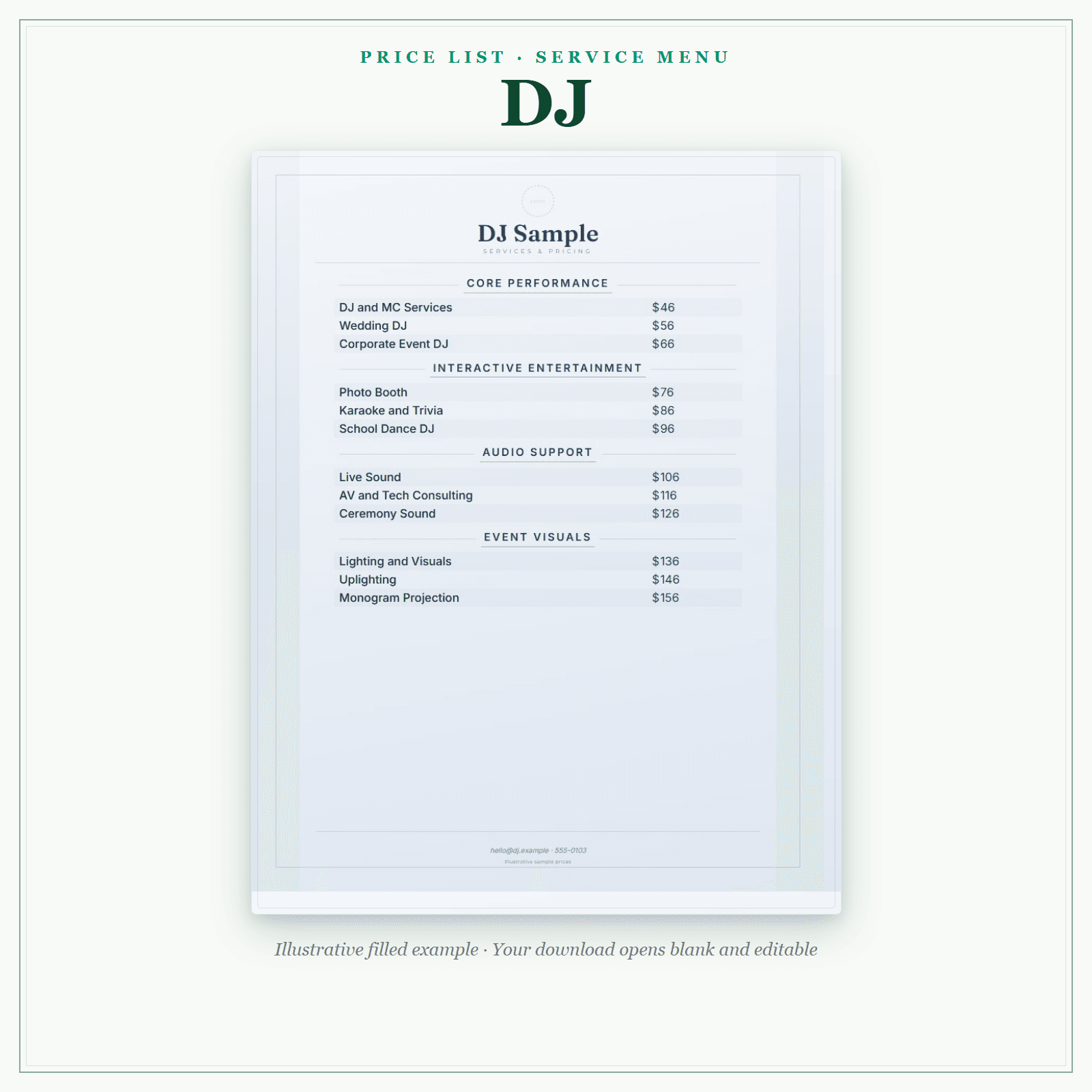 DJ Price List & Service Menu sample pages