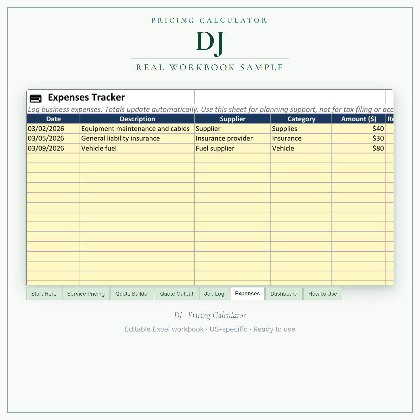 DJ Pricing Calculator sample pages