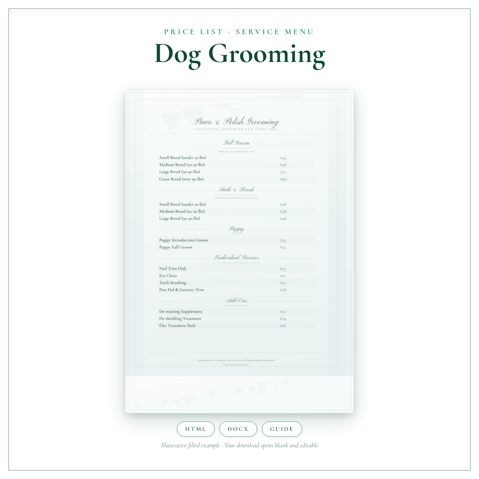 Dog Grooming Price List & Service Menu