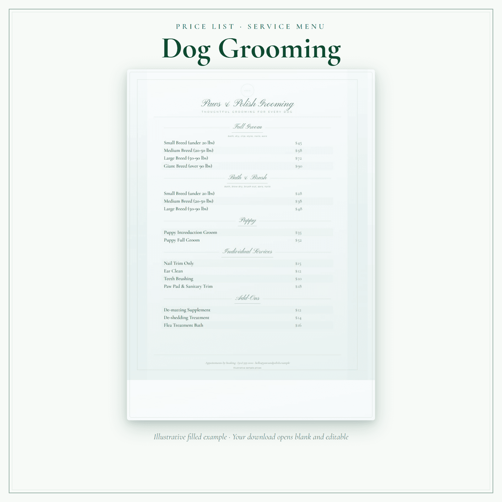 Dog Grooming Price List & Service Menu sample pages