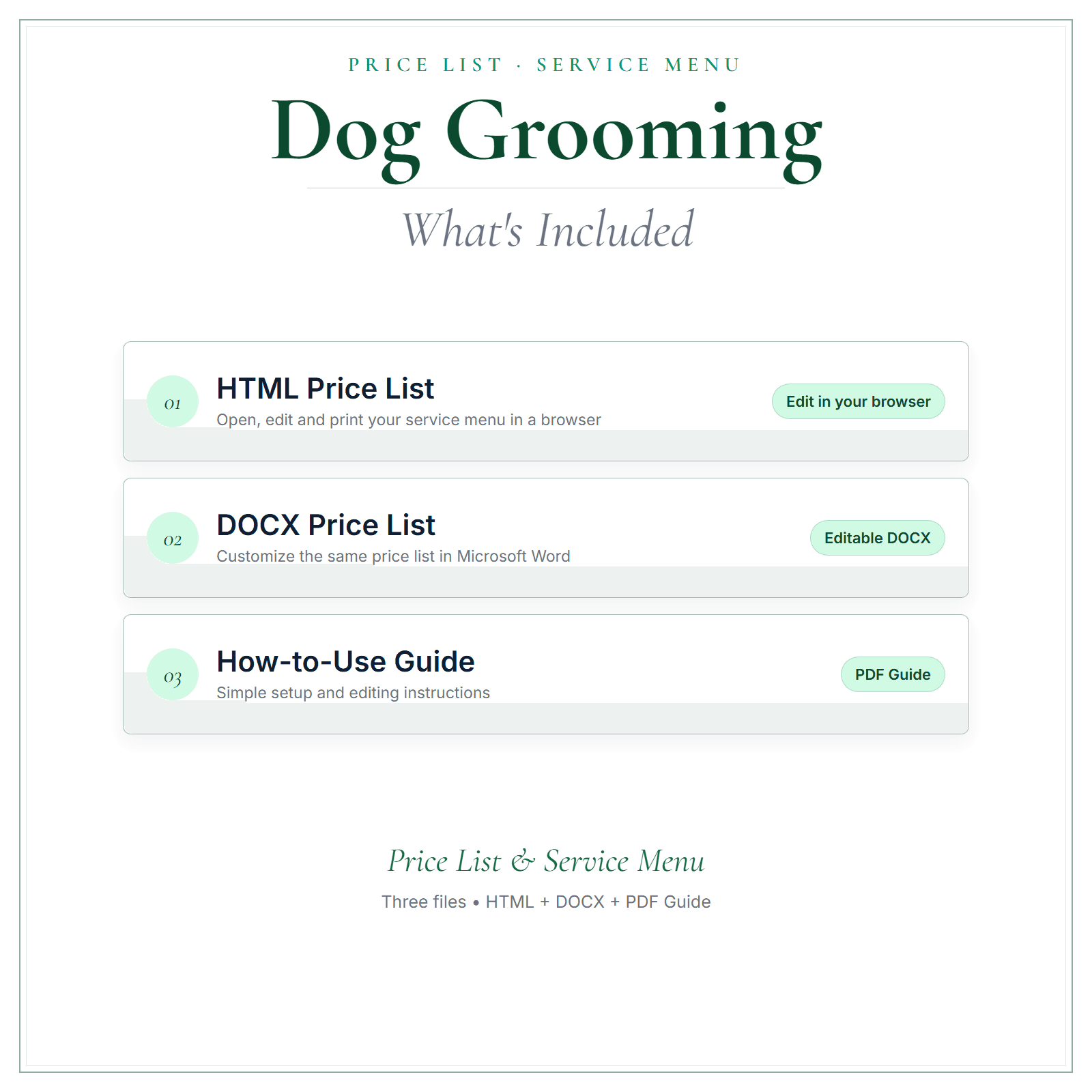 What's included in Dog Grooming Price List & Service Menu