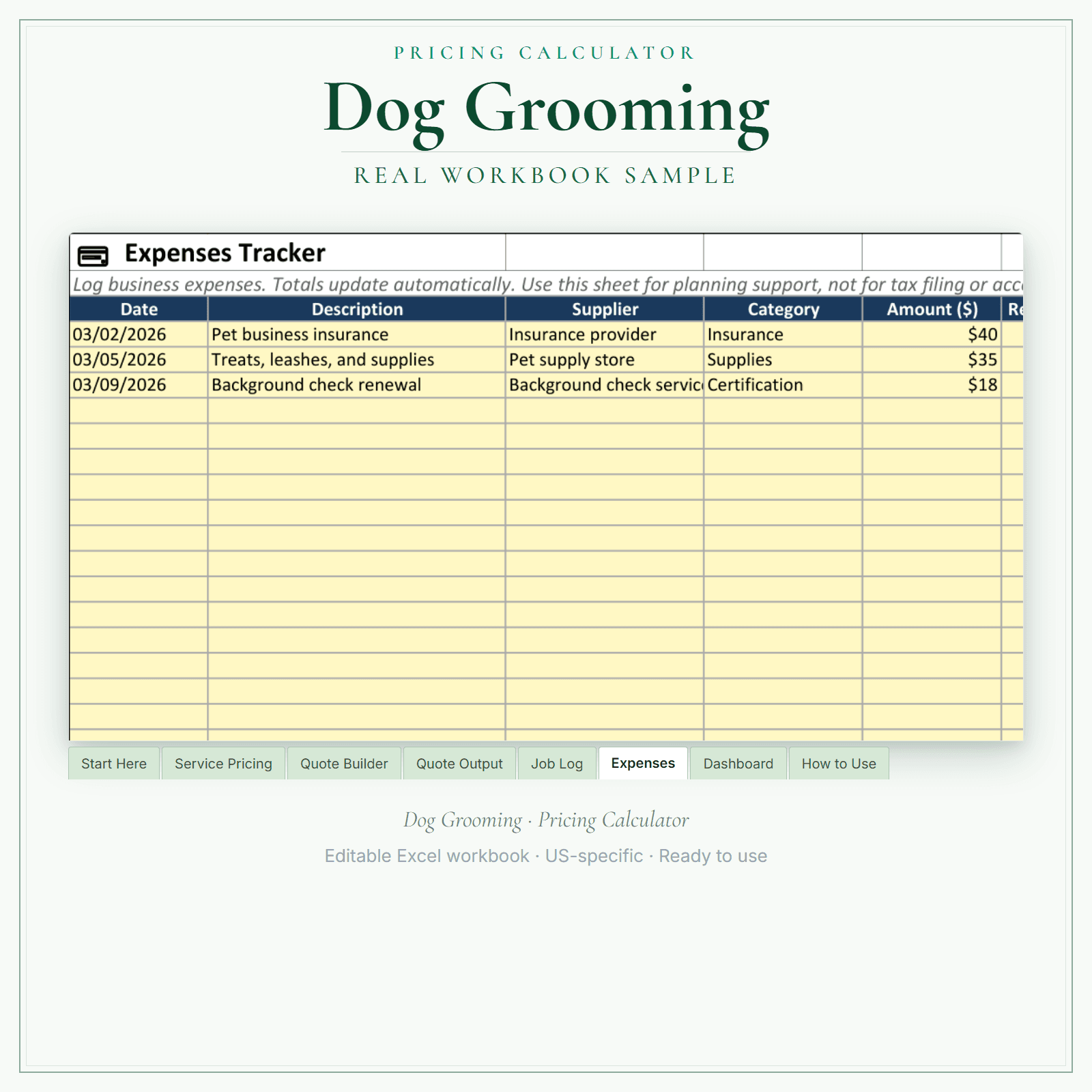 Dog Grooming Pricing Calculator sample pages