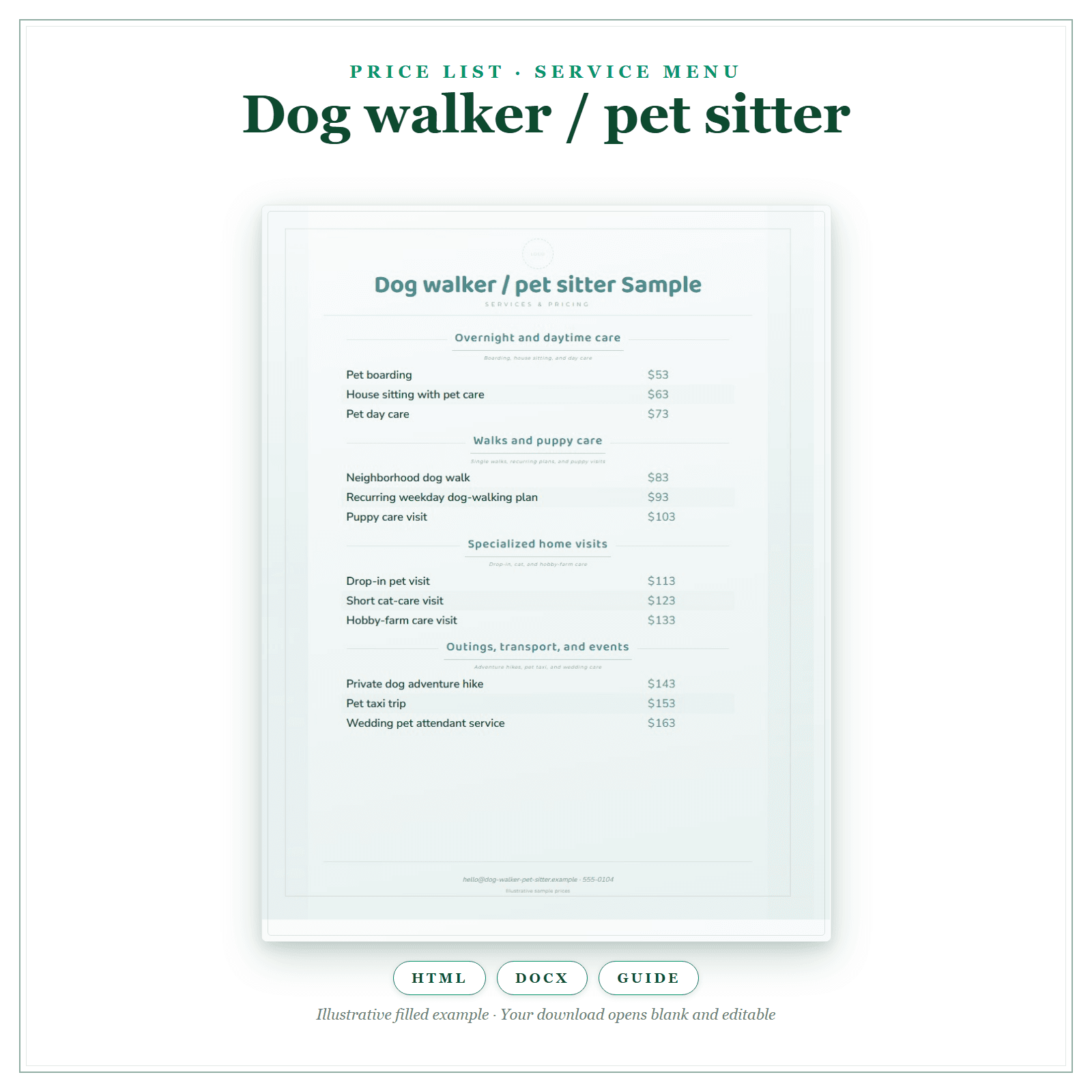 Price List & Service Menu for Dog Walker & Pet Sitter