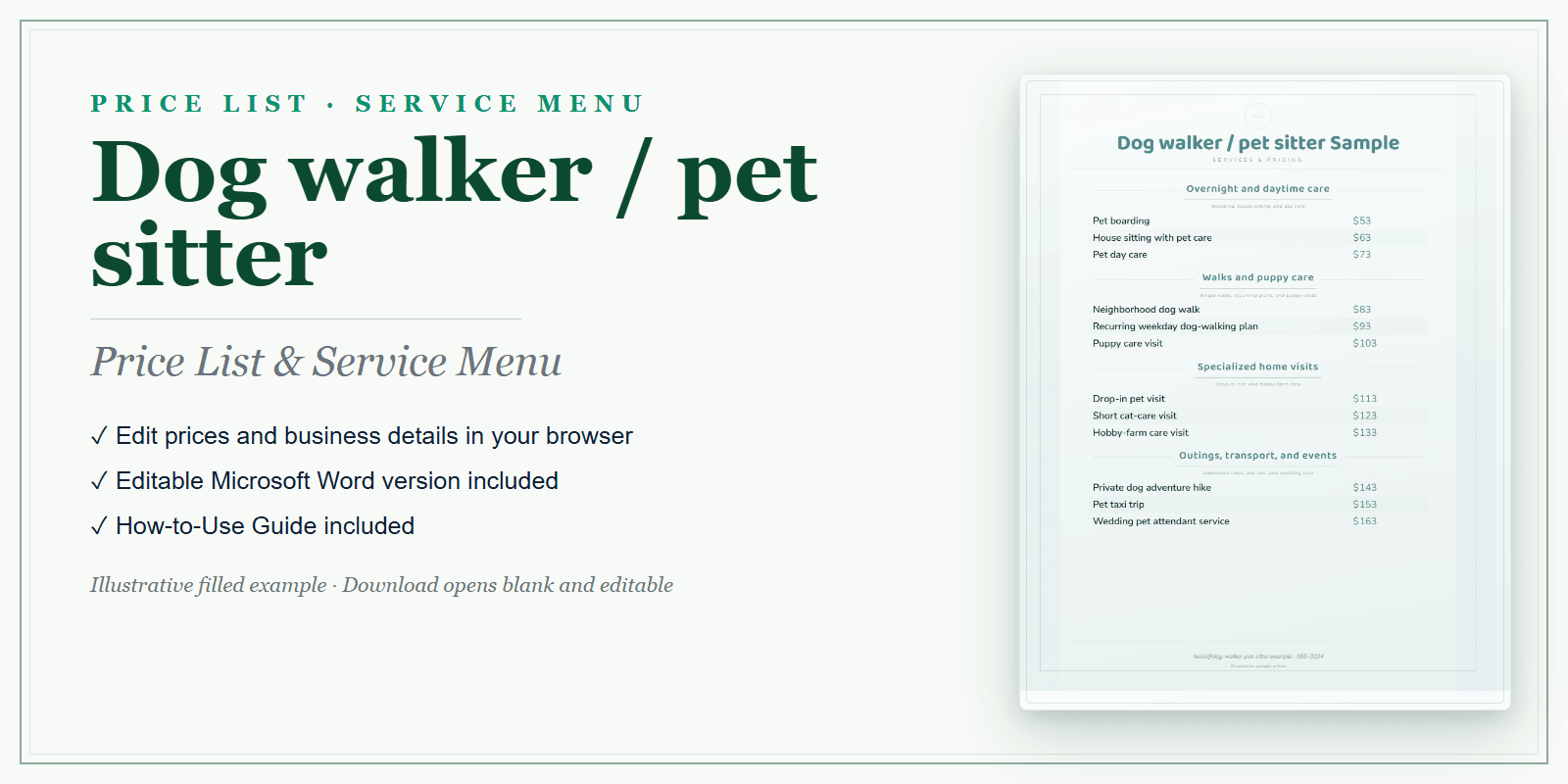 Dog Walker & Pet Sitter Price List & Service Menu product preview