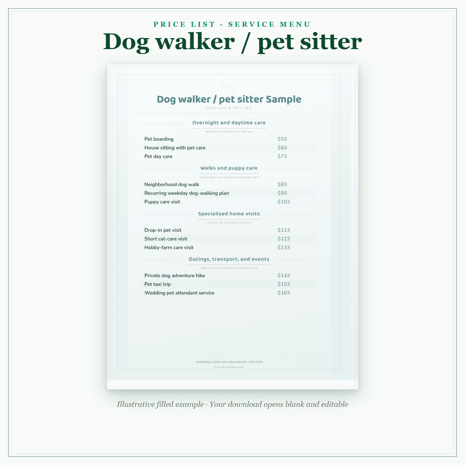Dog Walker & Pet Sitter Price List & Service Menu sample pages