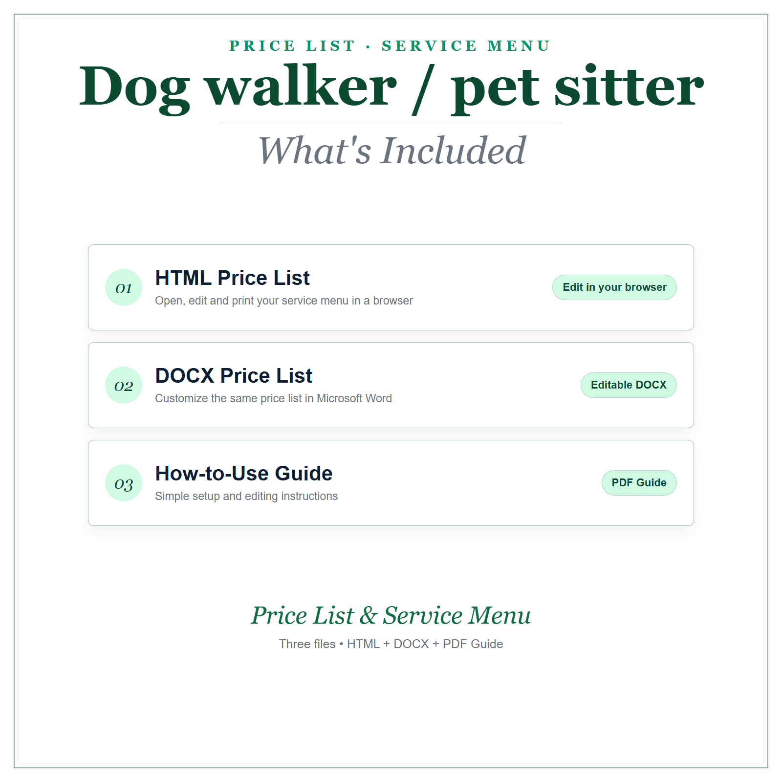What's included in Dog Walker & Pet Sitter Price List & Service Menu