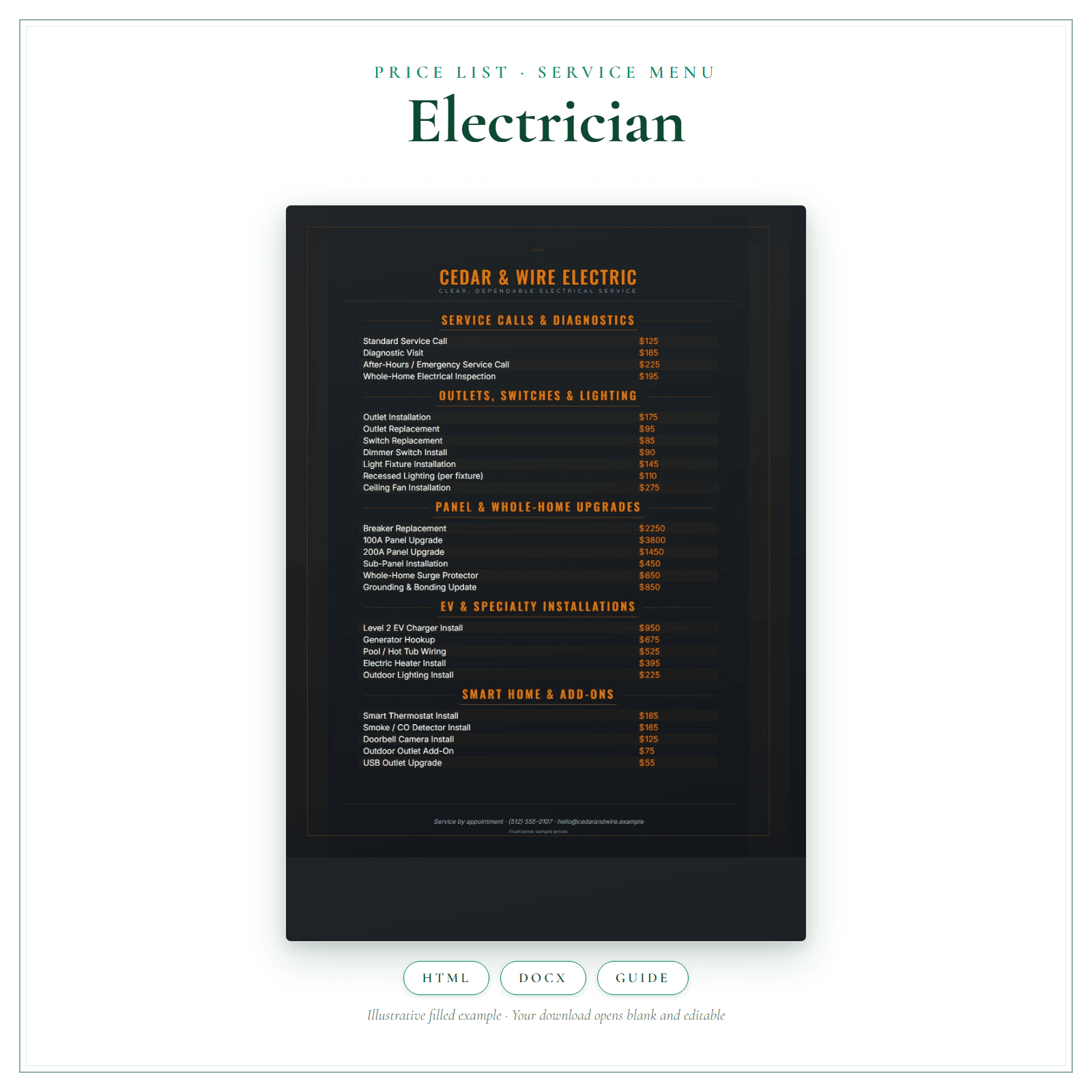 Price List & Service Menu for Electrician