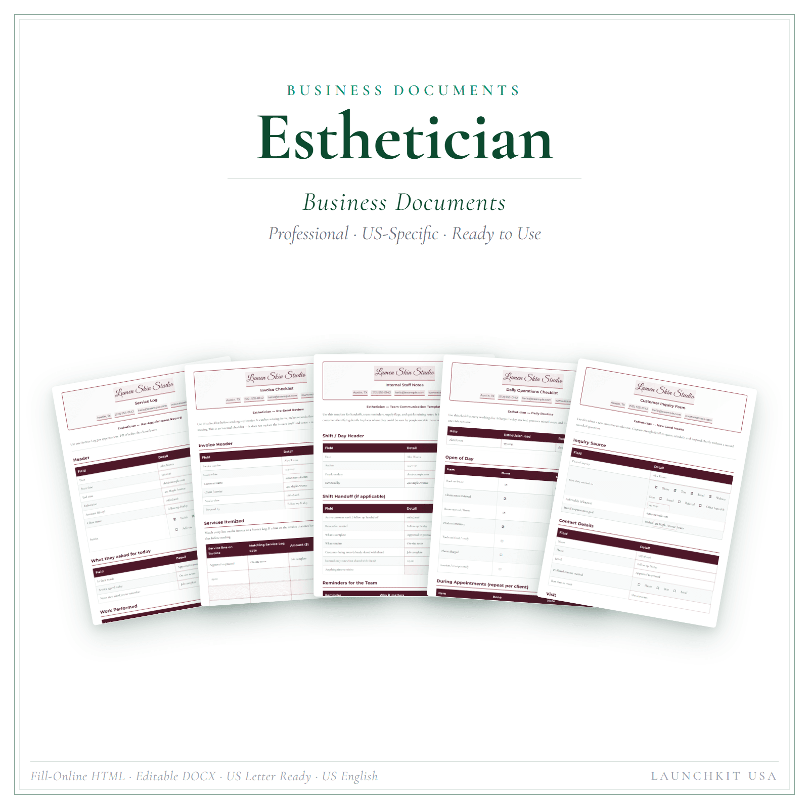 Business Documents for Esthetician