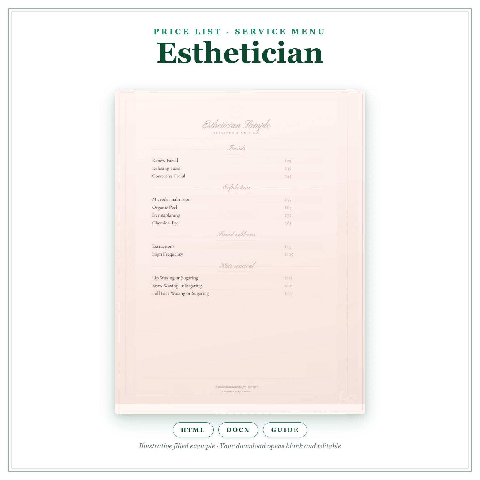 Price List & Service Menu for Esthetician