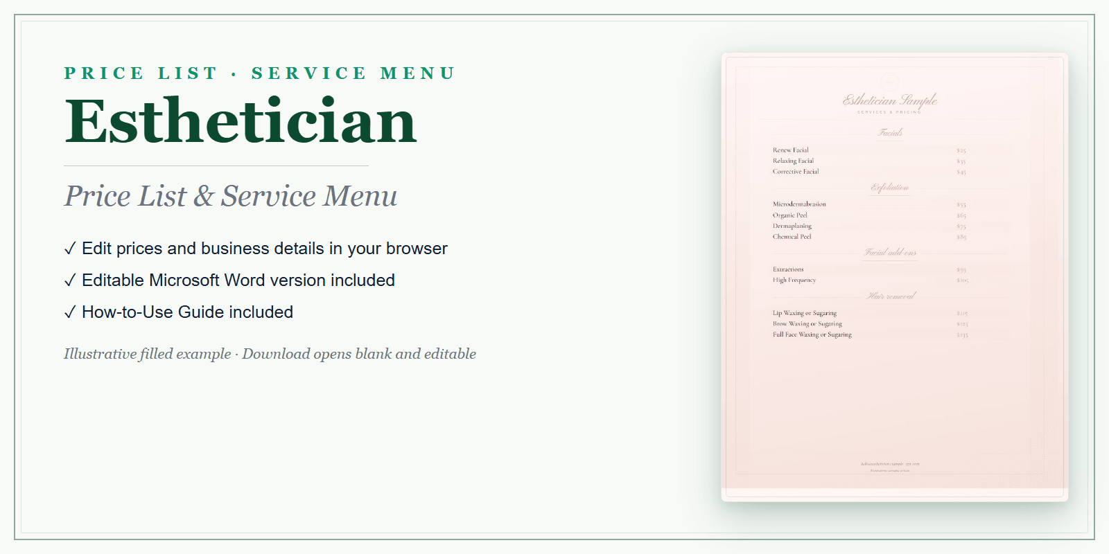 Esthetician Price List & Service Menu product preview