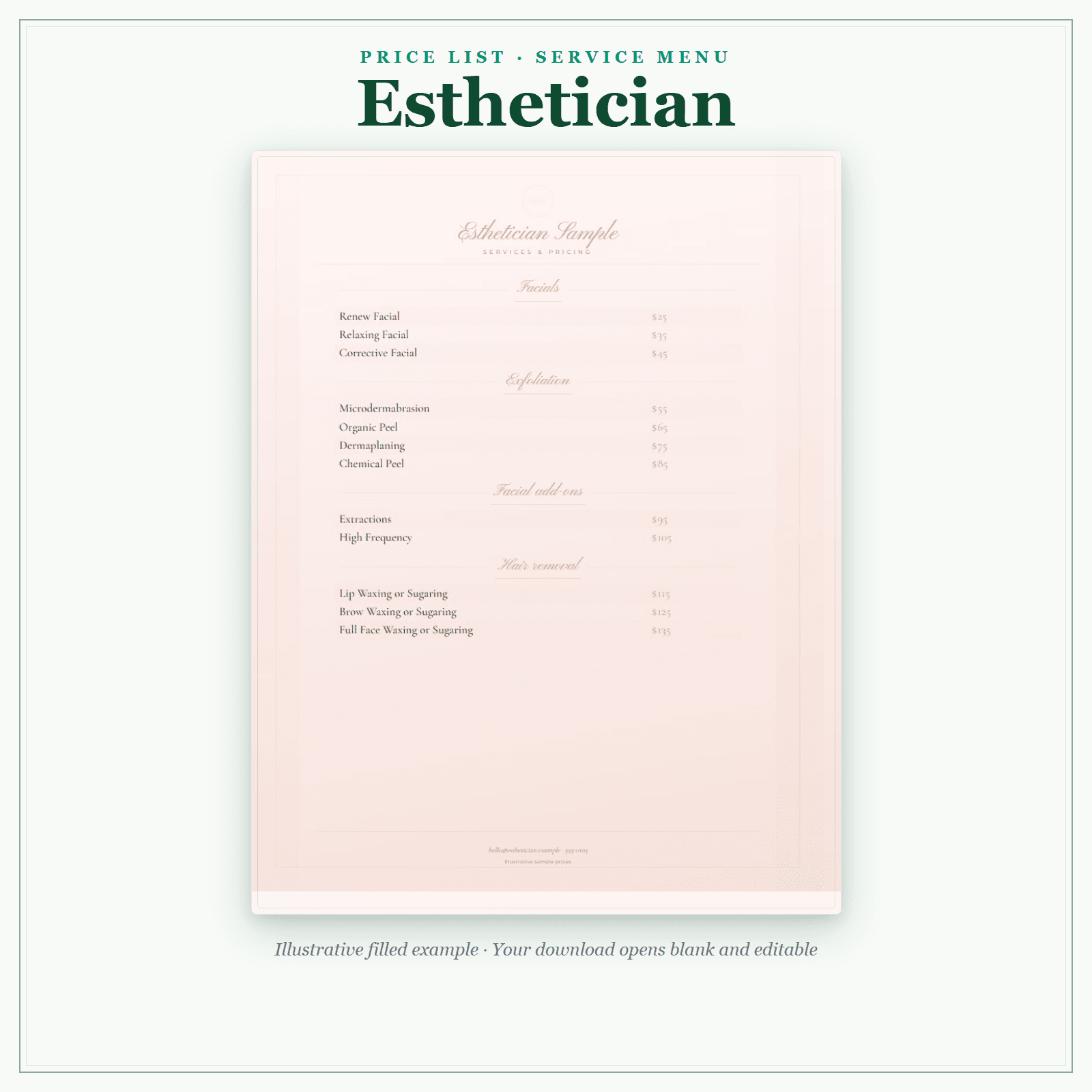 Esthetician Price List & Service Menu sample pages