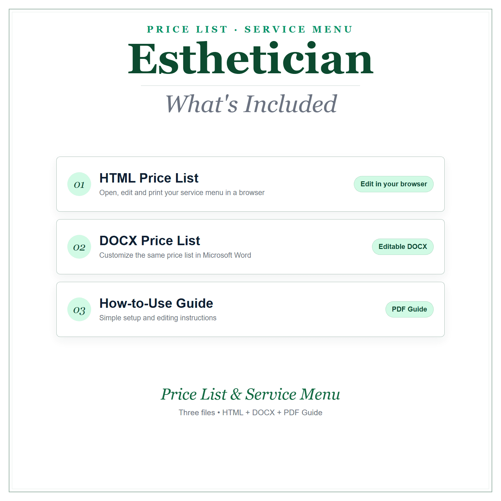 What's included in Esthetician Price List & Service Menu
