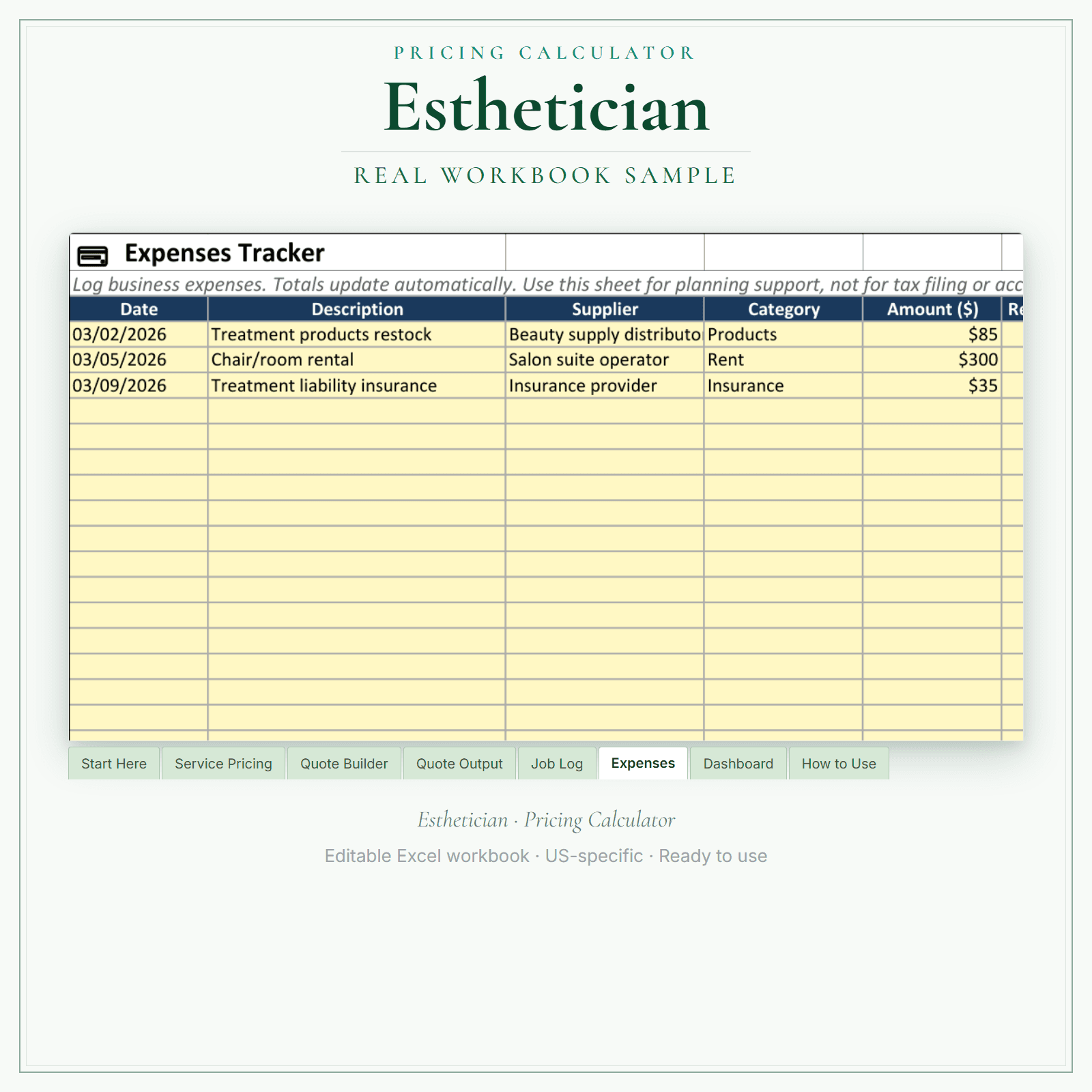 Esthetician Pricing Calculator sample pages