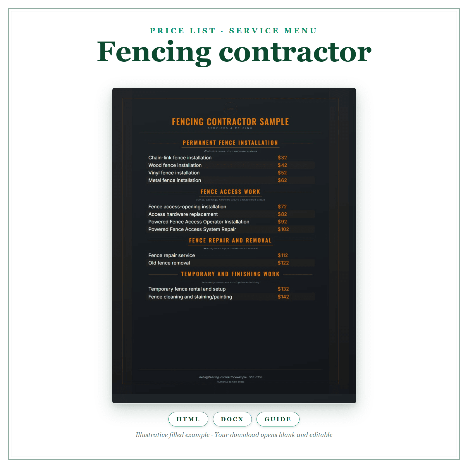 Price List & Service Menu for Fencing Contractor